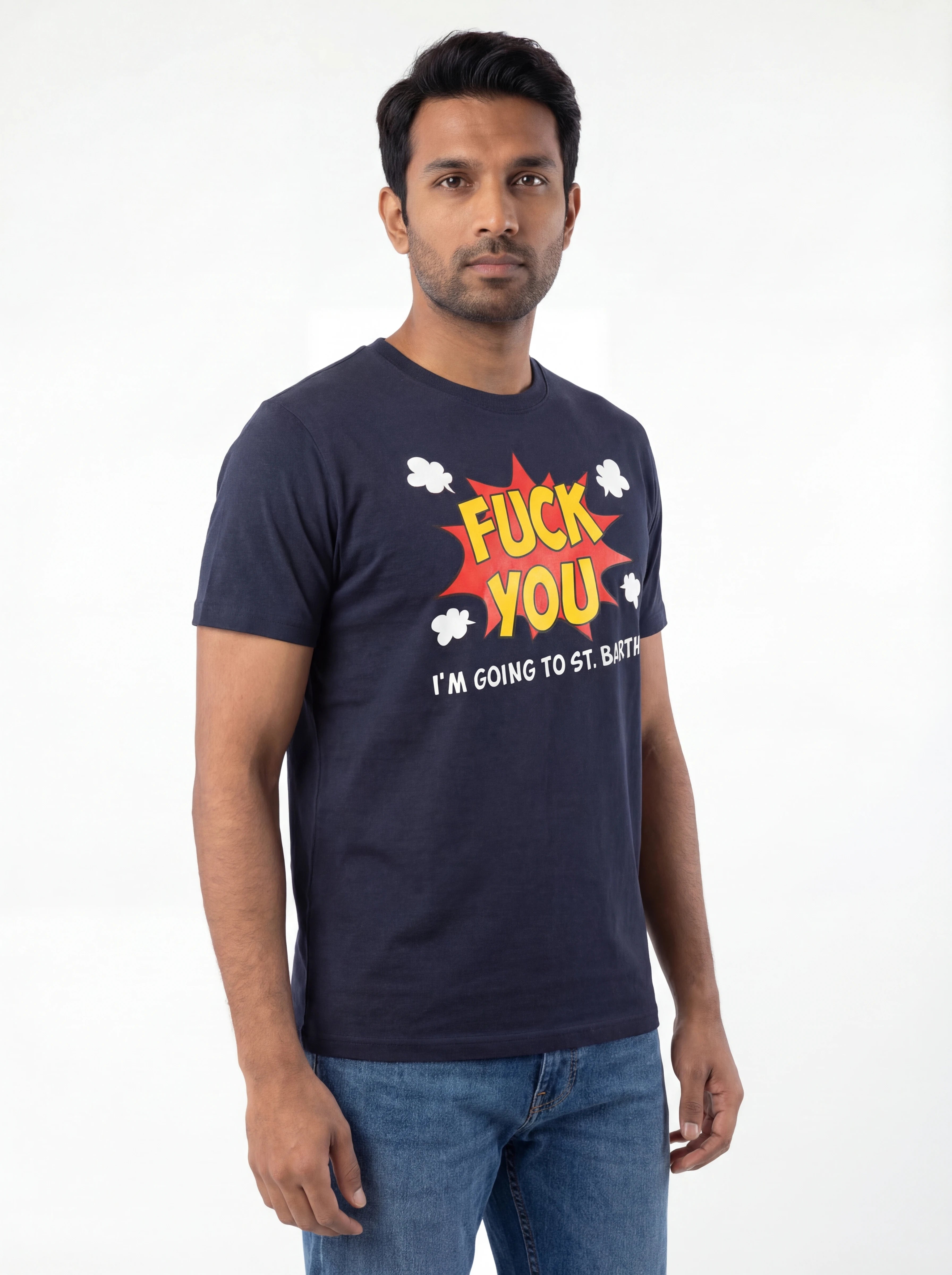 Vista da dietro t-shirt blu scritta “FUCK YOU I’M GOING TO” Saint Barth cotone