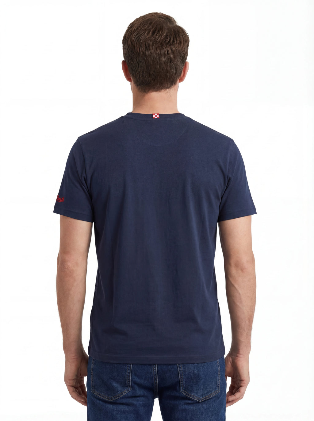 Modello a 45 gradi t-shirt blu scritta “Latin Rover” Saint Barth cotone