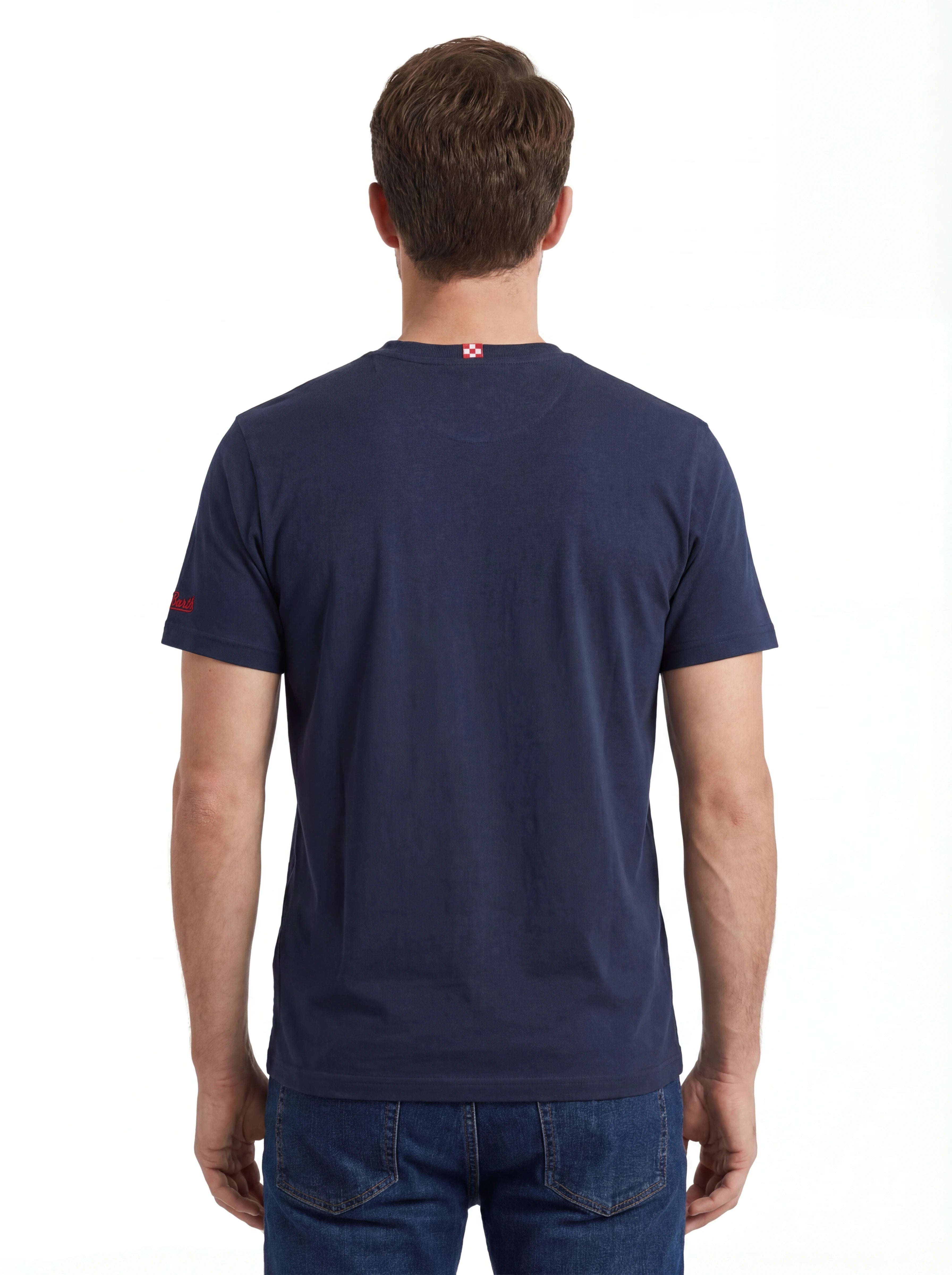 Modello a 45 gradi t-shirt blu scritta “Latin Rover” Saint Barth cotone