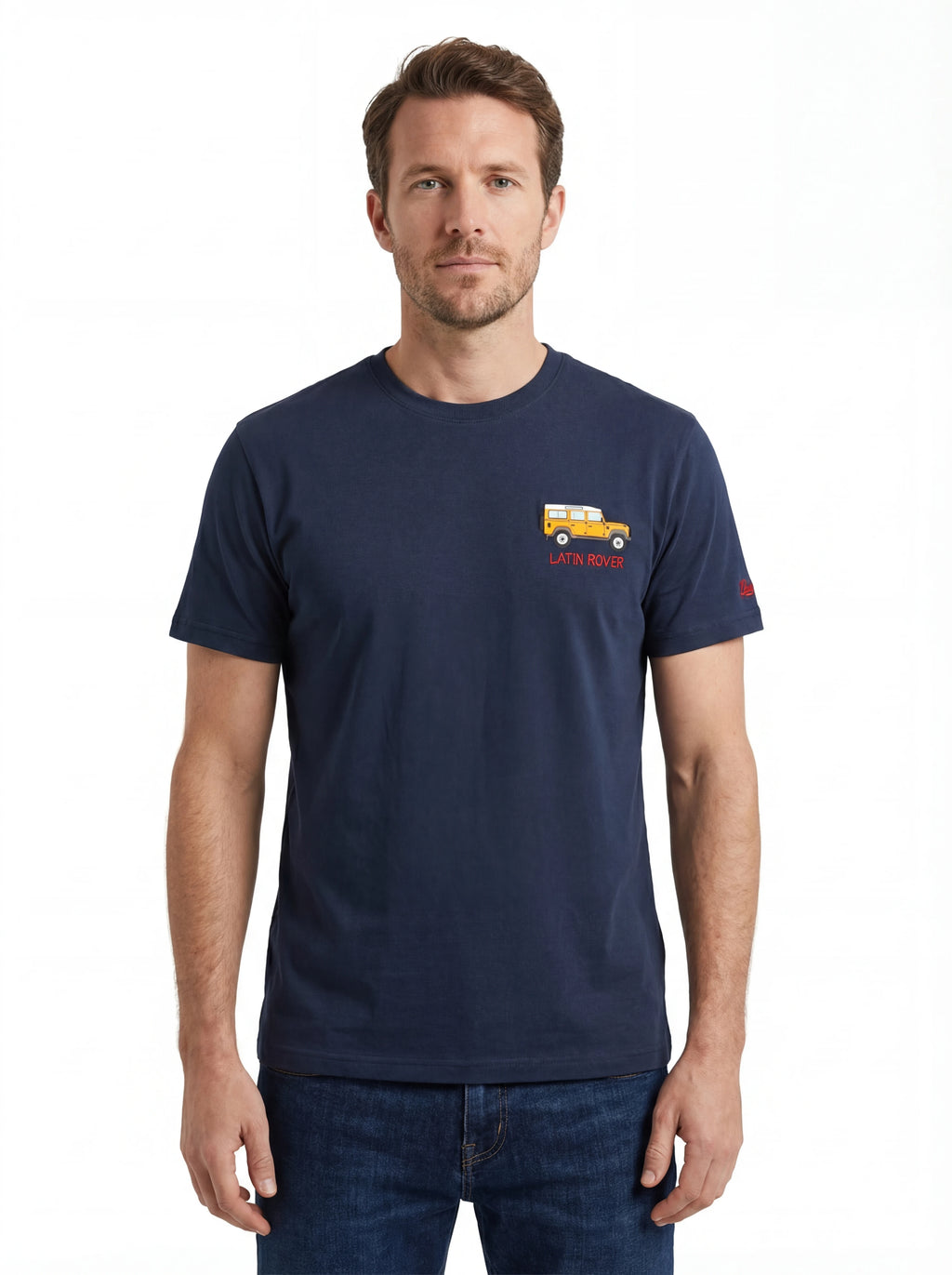 Modello frontalmente t-shirt blu scritta “Latin Rover” Saint Barth cotone