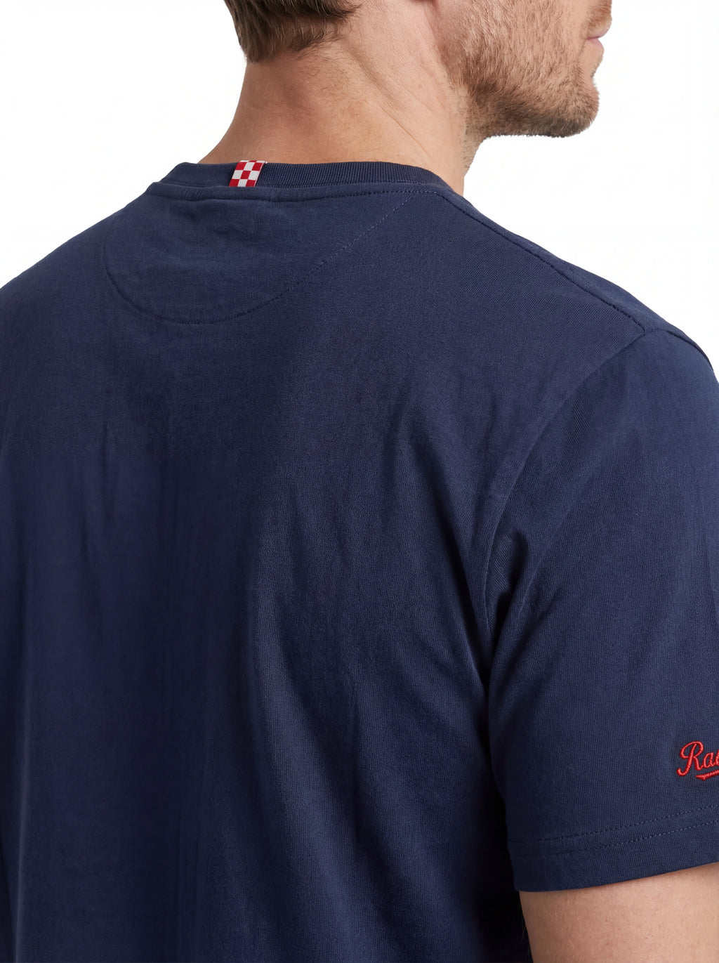 Vista da dietro t-shirt blu scritta “Latin Rover” Saint Barth cotone