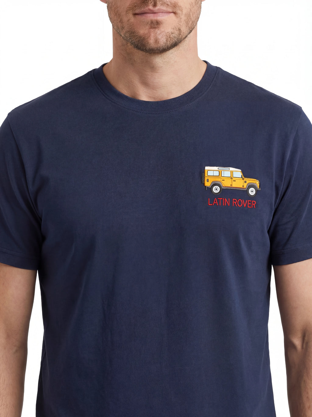 T-shirt su sfondo neutro frontale t-shirt blu scritta “Latin Rover” Saint Barth cotone