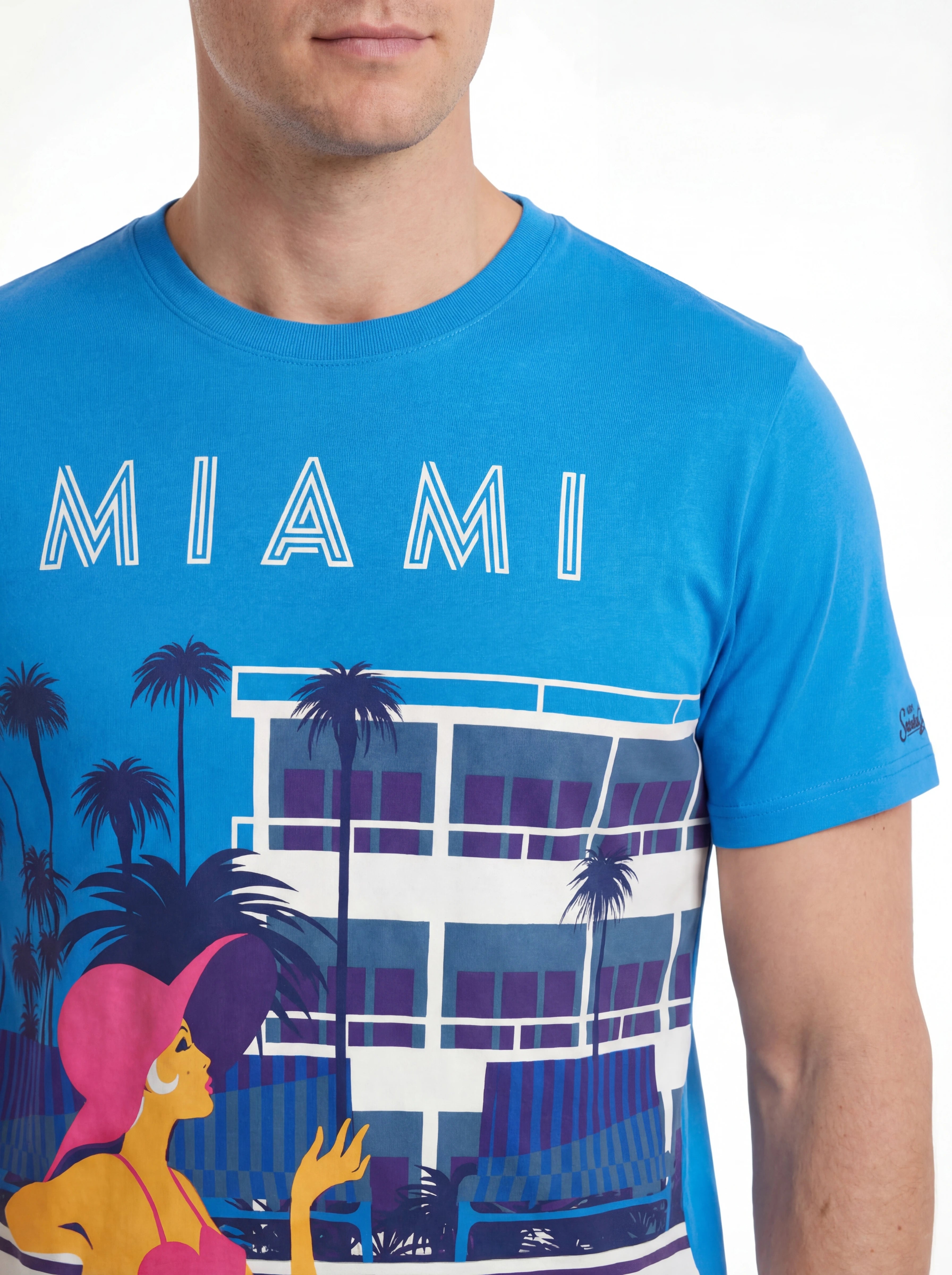 T-shirt su sfondo neutro da dietro t-shirt bluette scritta “MIAMI” Saint Barth cotone