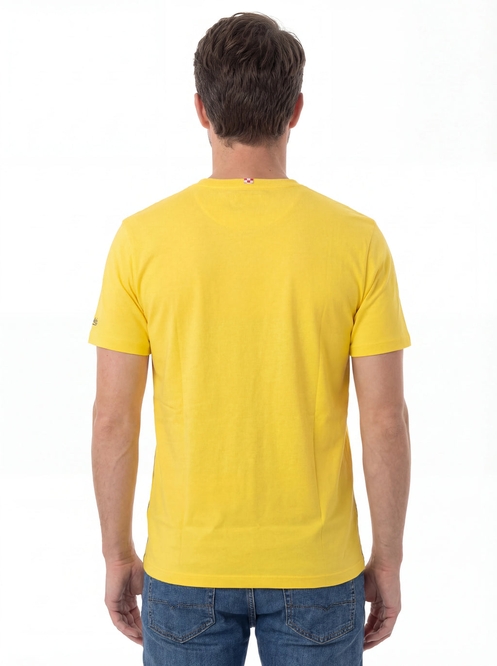 Modello a 45 gradi t-shirt giallo scritta “Los Angeles” Saint Barth cotone