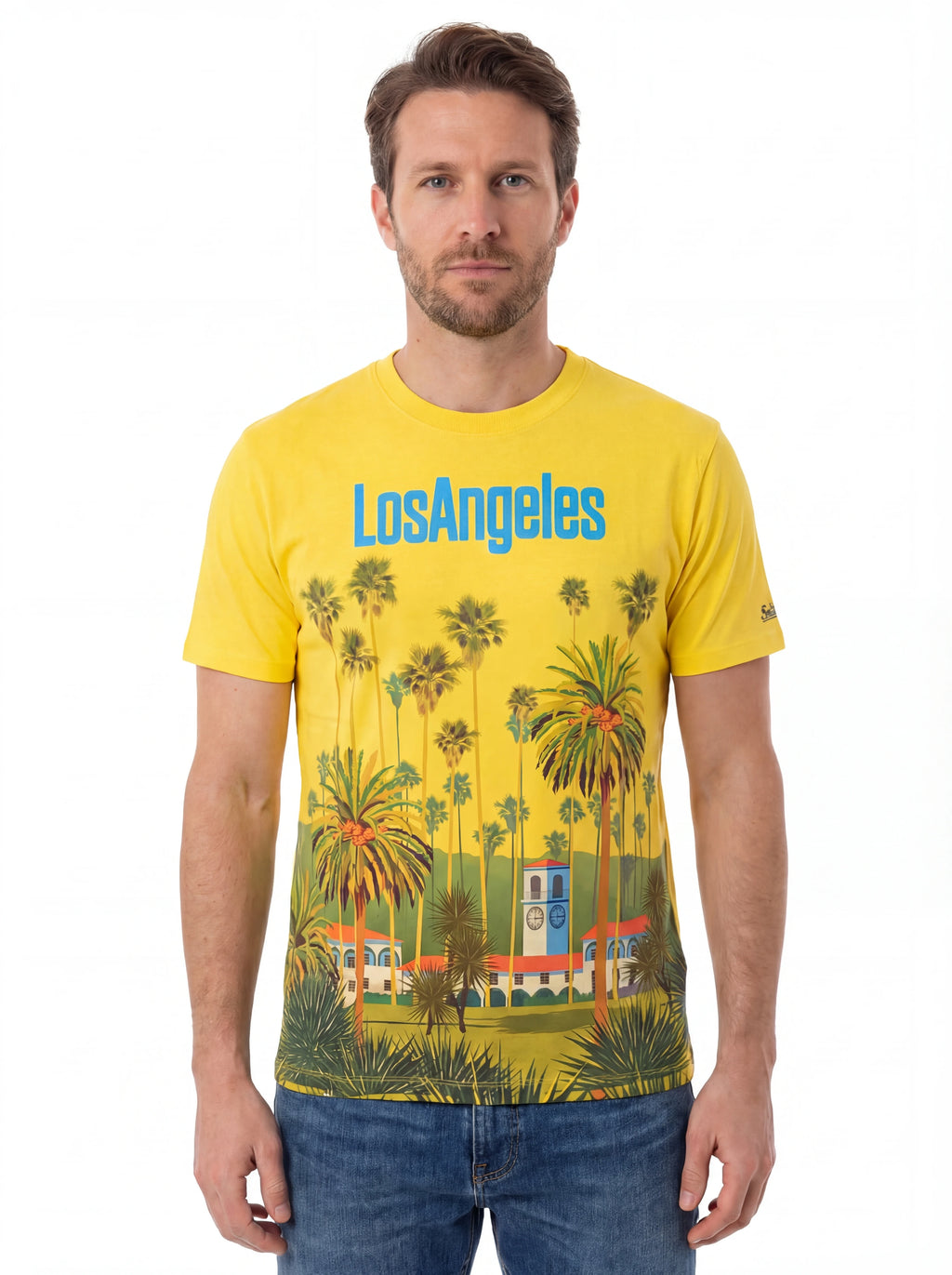 Vista da dietro t-shirt giallo scritta “Los Angeles” Saint Barth cotone