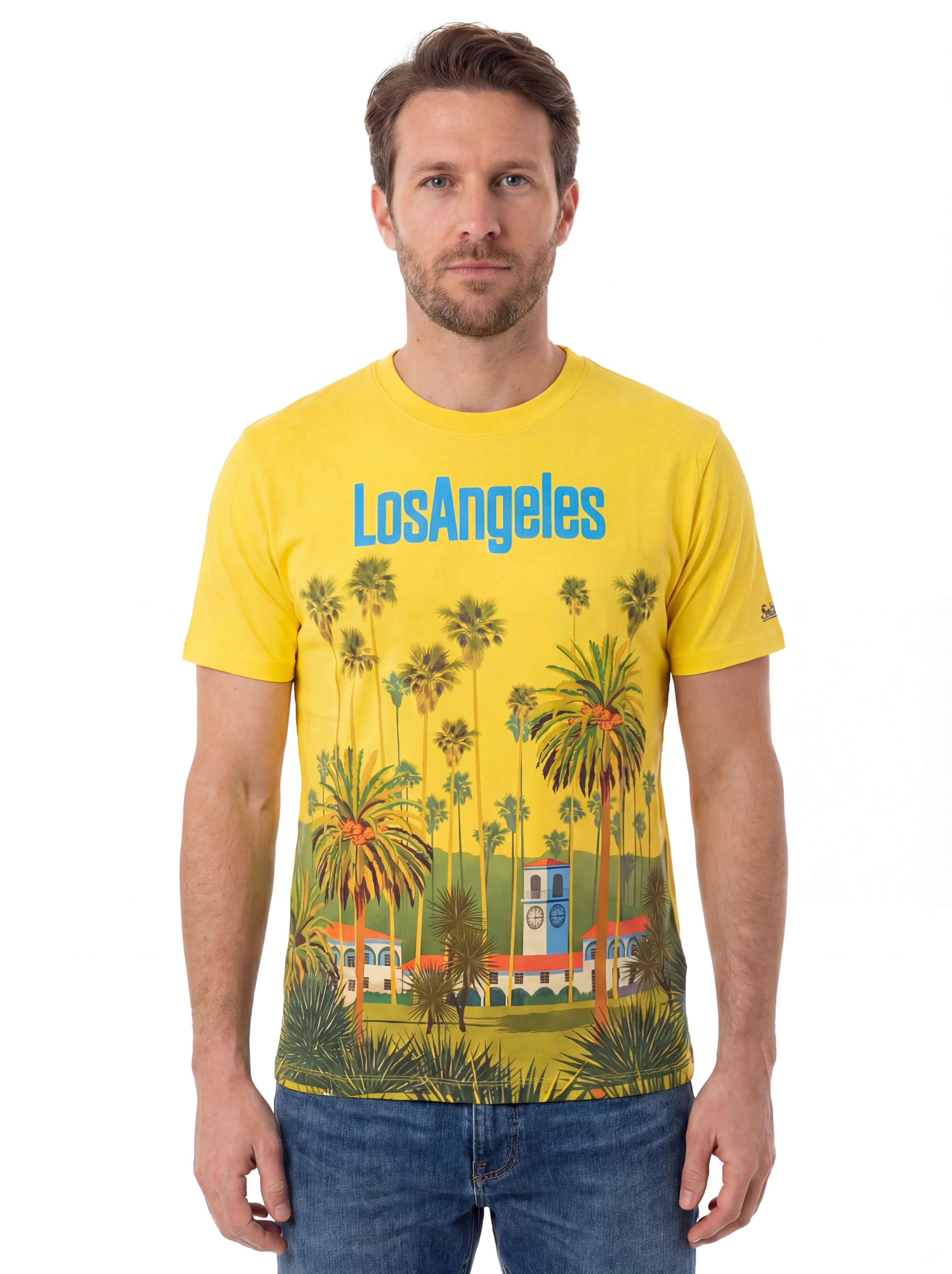 Vista da dietro t-shirt giallo scritta “Los Angeles” Saint Barth cotone