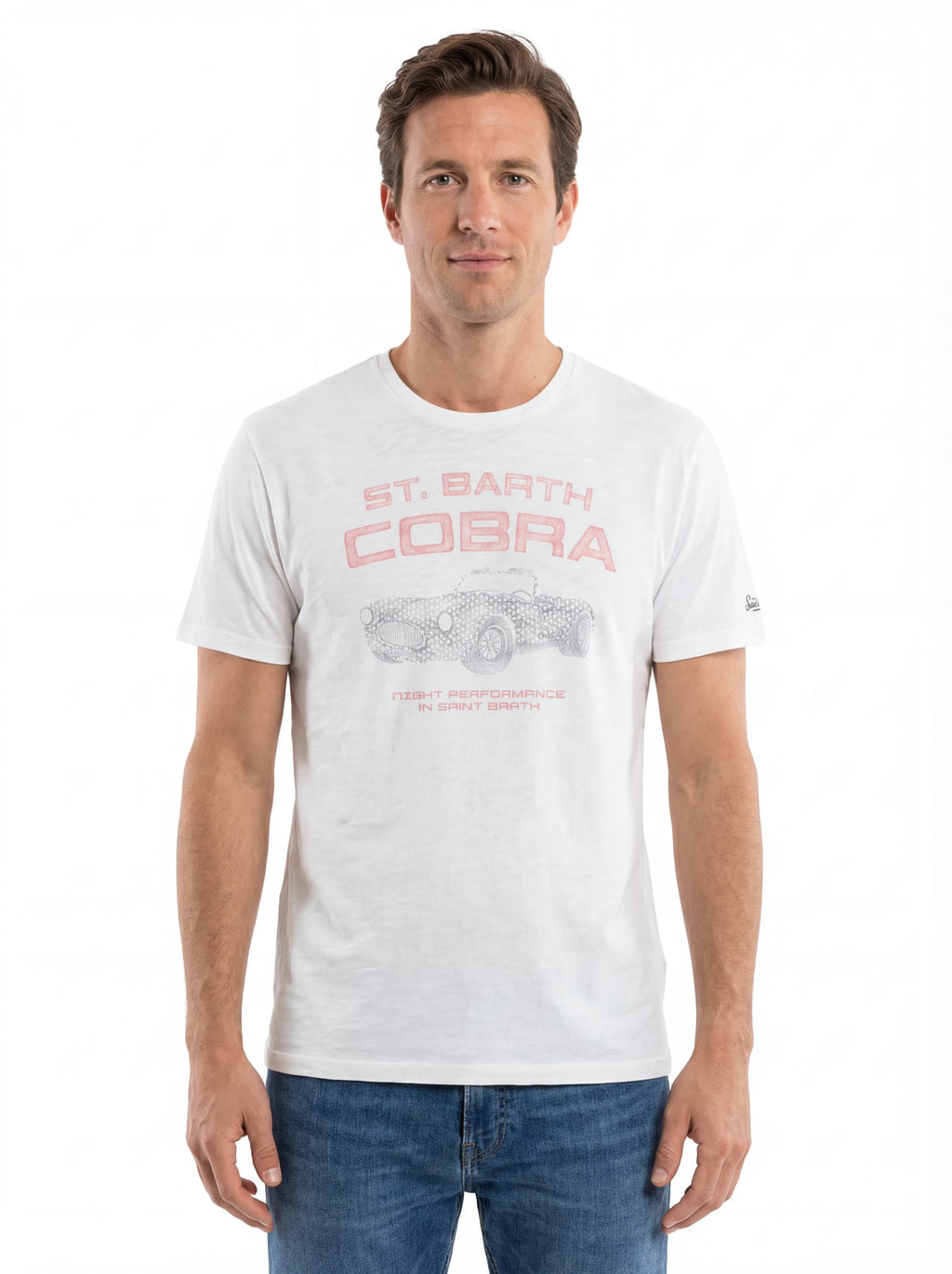 Modello frontalmente t-shirt bianco scritta “St. Barth COBRA” Saint Barth cotone
