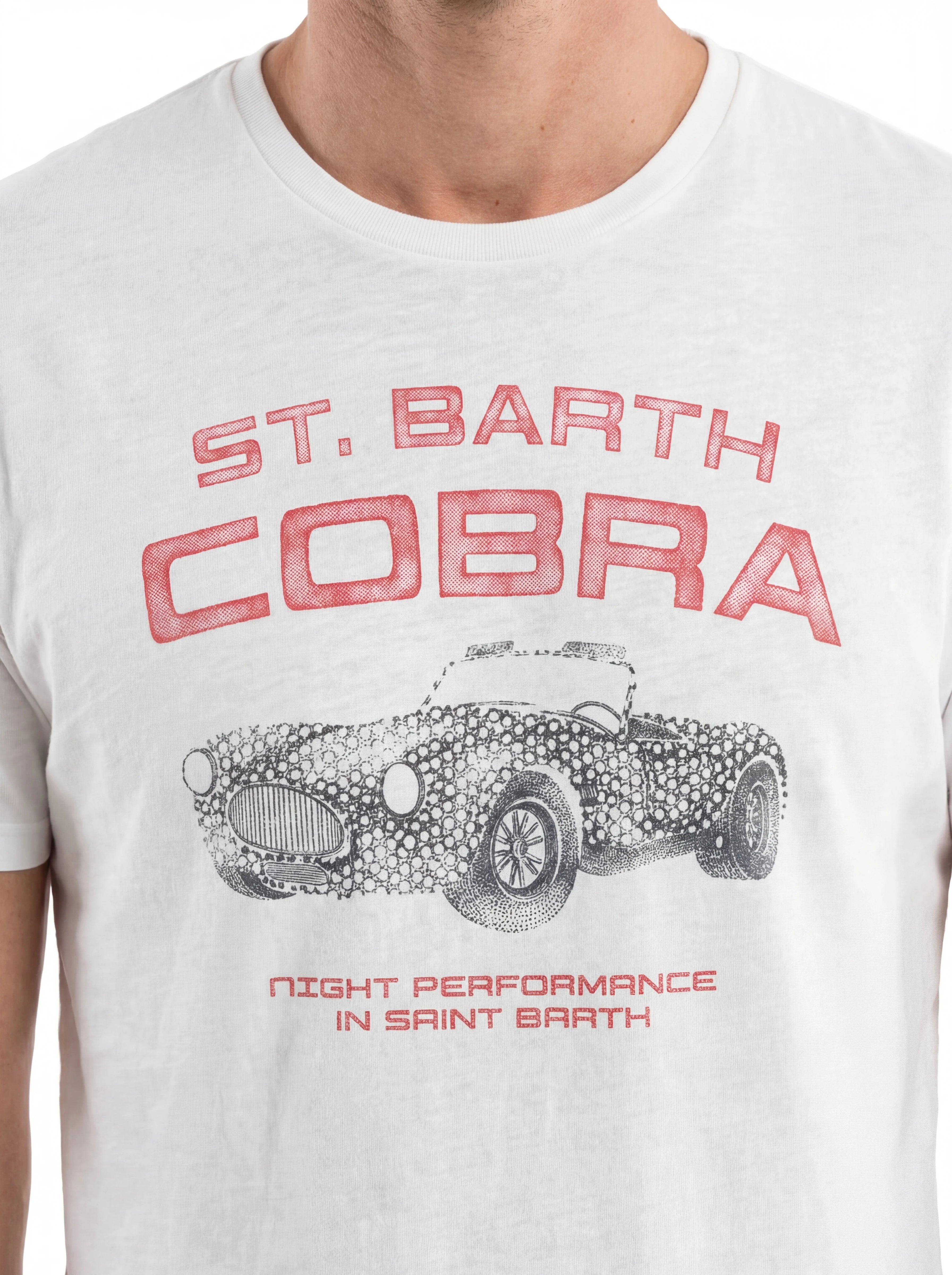 T-shirt su sfondo neutro da dietro t-shirt bianco scritta “St. Barth COBRA” Saint Barth cotone