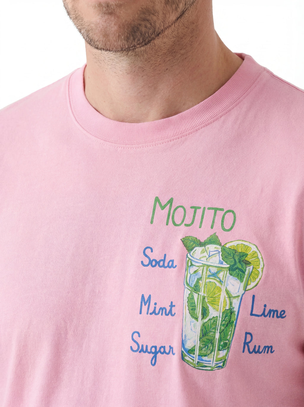 T-shirt su sfondo neutro frontale t-shirt rosa scritta “MOJITO Soda Mint Sugar” Saint Barth cotone