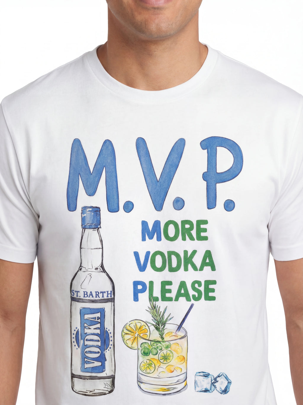 Vista da dietro t-shirt bianco scritta “M.V.P. More Vodka Plea” Saint Barth cotone