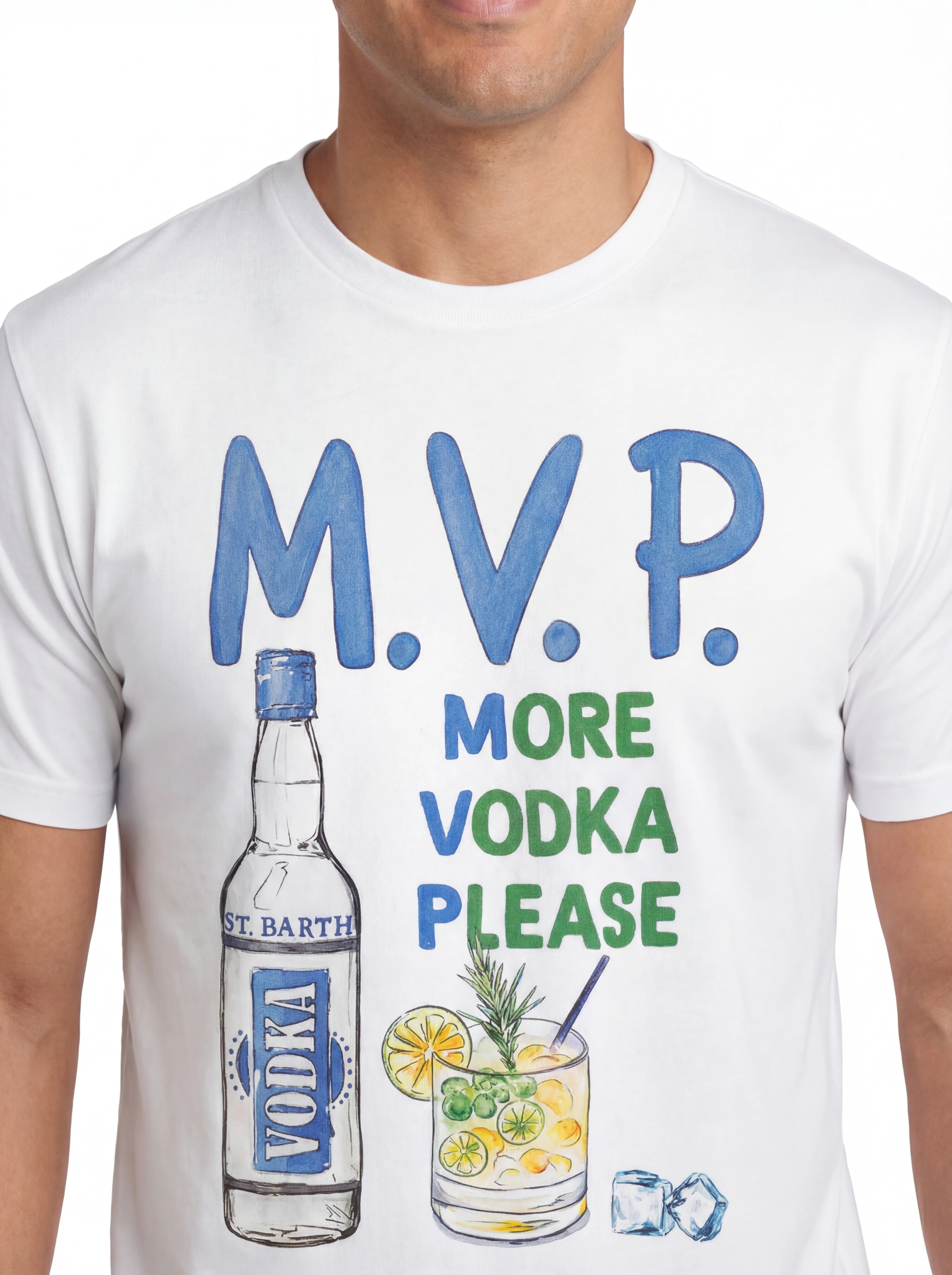 Vista da dietro t-shirt bianco scritta “M.V.P. More Vodka Plea” Saint Barth cotone