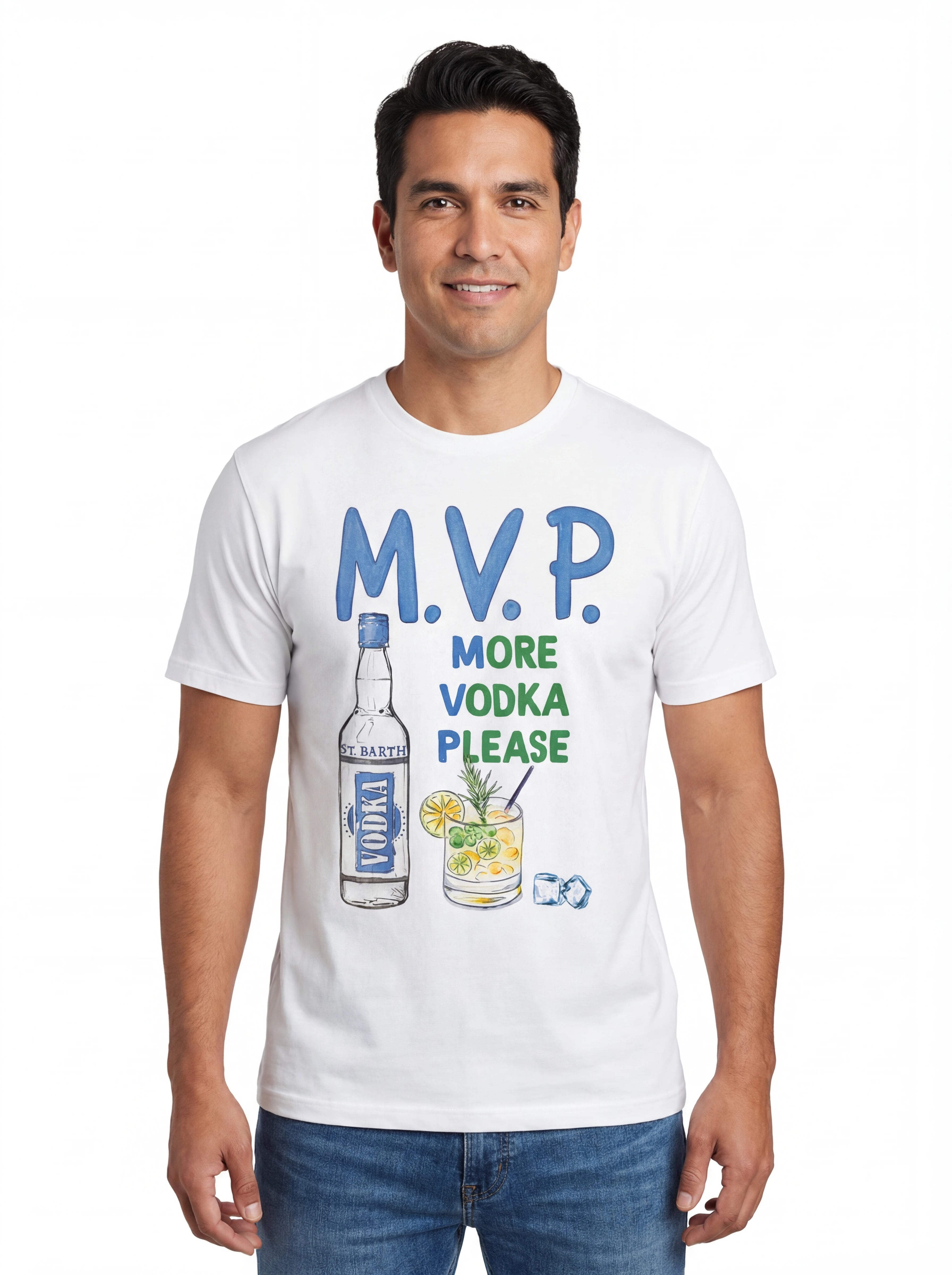 Modello frontalmente t-shirt bianco scritta “M.V.P. More Vodka Plea” Saint Barth cotone