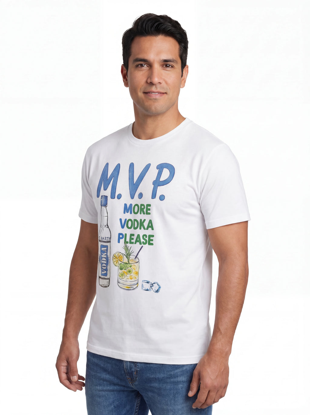 T-shirt su sfondo neutro frontale t-shirt bianco scritta “M.V.P. More Vodka Plea” Saint Barth cotone