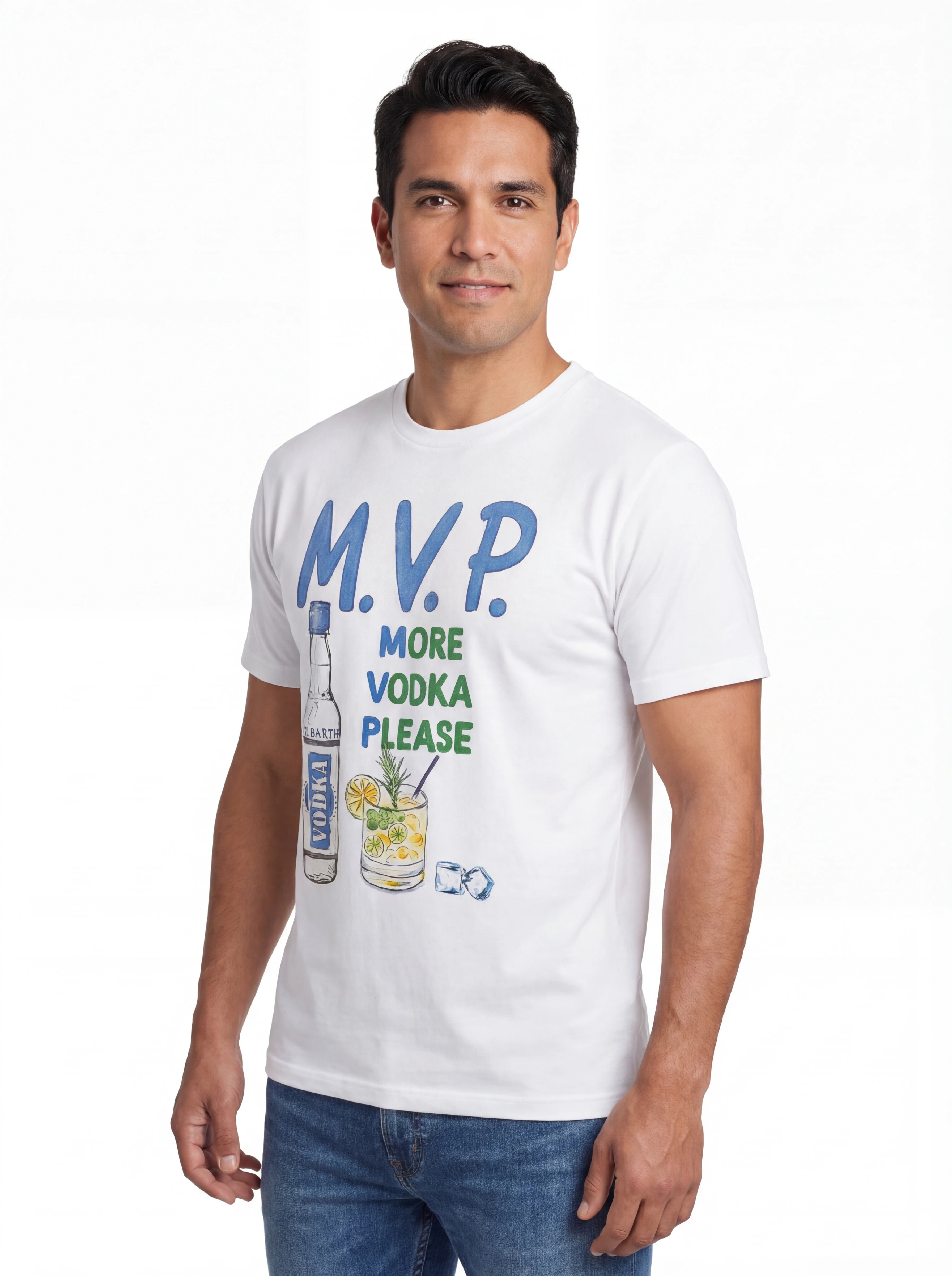 T-shirt su sfondo neutro frontale t-shirt bianco scritta “M.V.P. More Vodka Plea” Saint Barth cotone