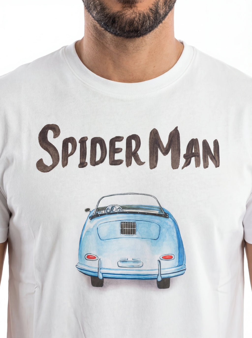 T-shirt su sfondo neutro da dietro t-shirt bianco scritta “Spider Man” Saint Barth cotone