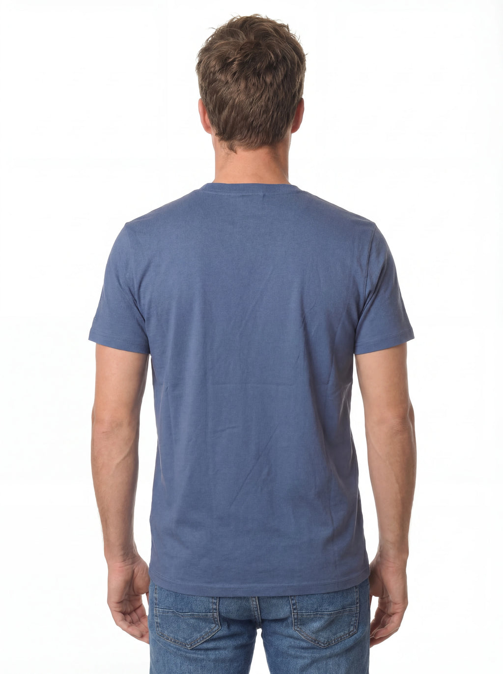 T-shirt su sfondo neutro da dietro t-shirt blu scritta “Gin Tonic Vs Gin Lemon” Saint Barth cotone