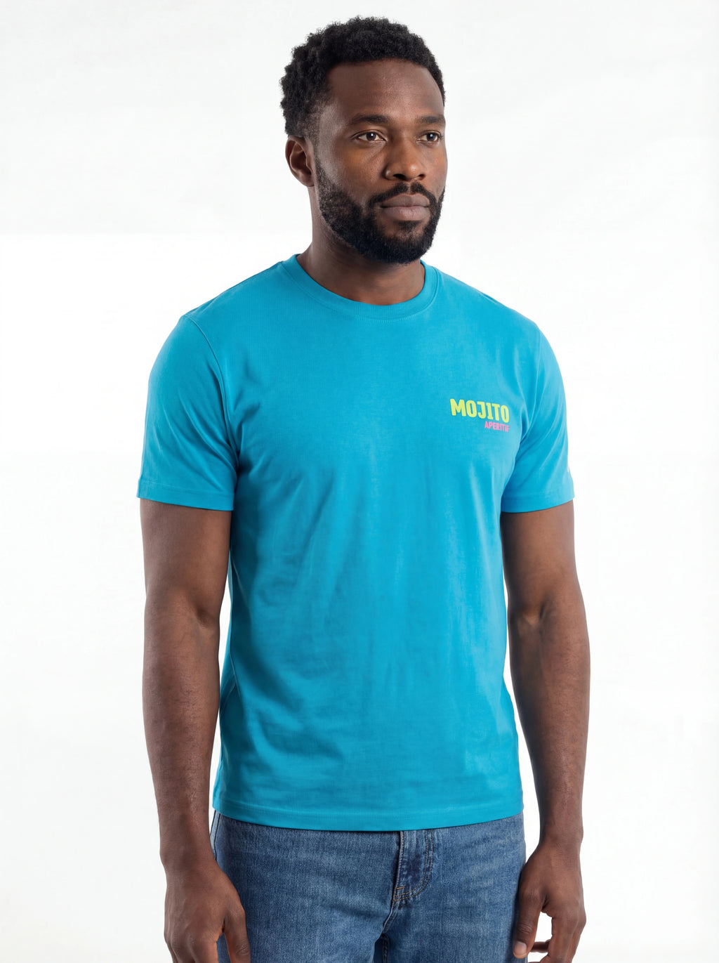 Vista da dietro t-shirt turchese scritta “MOJITO APERITIF” Saint Barth cotone