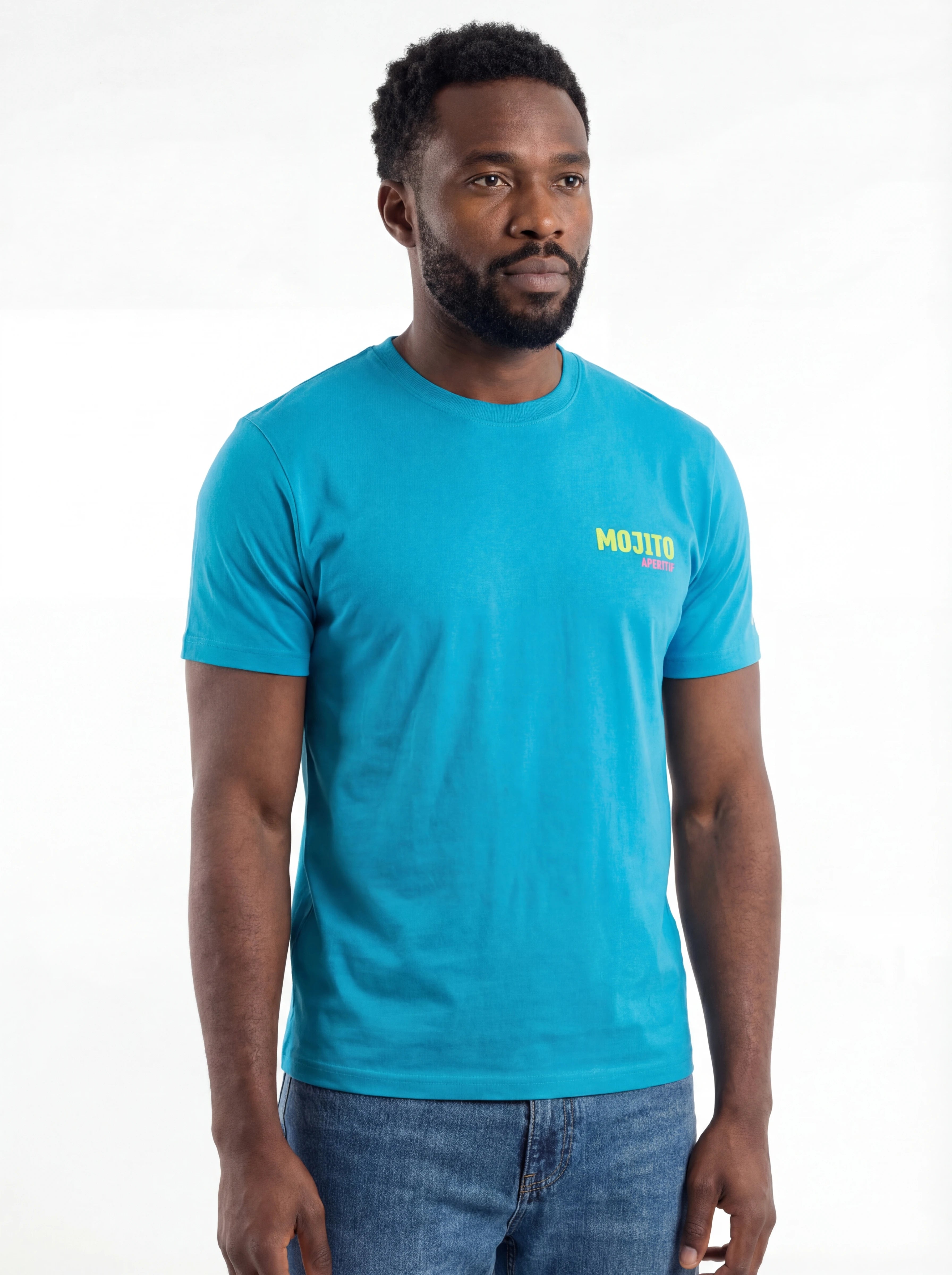 Vista da dietro t-shirt turchese scritta “MOJITO APERITIF” Saint Barth cotone