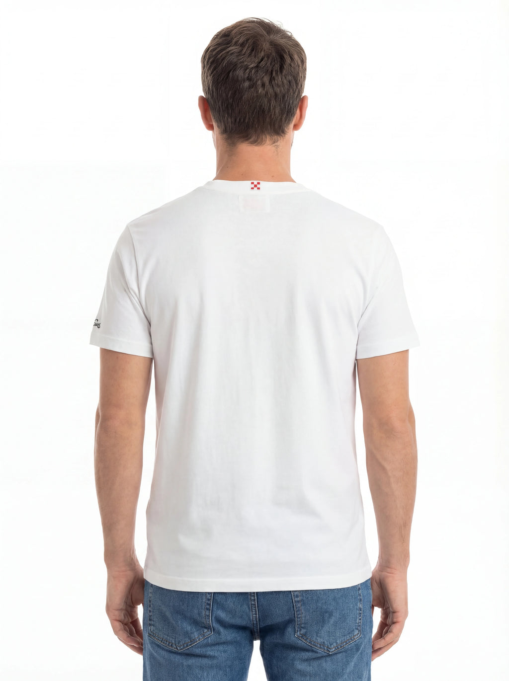 Modello a 45 gradi t-shirt bianco scritta “MINI MUM” Saint Barth cotone