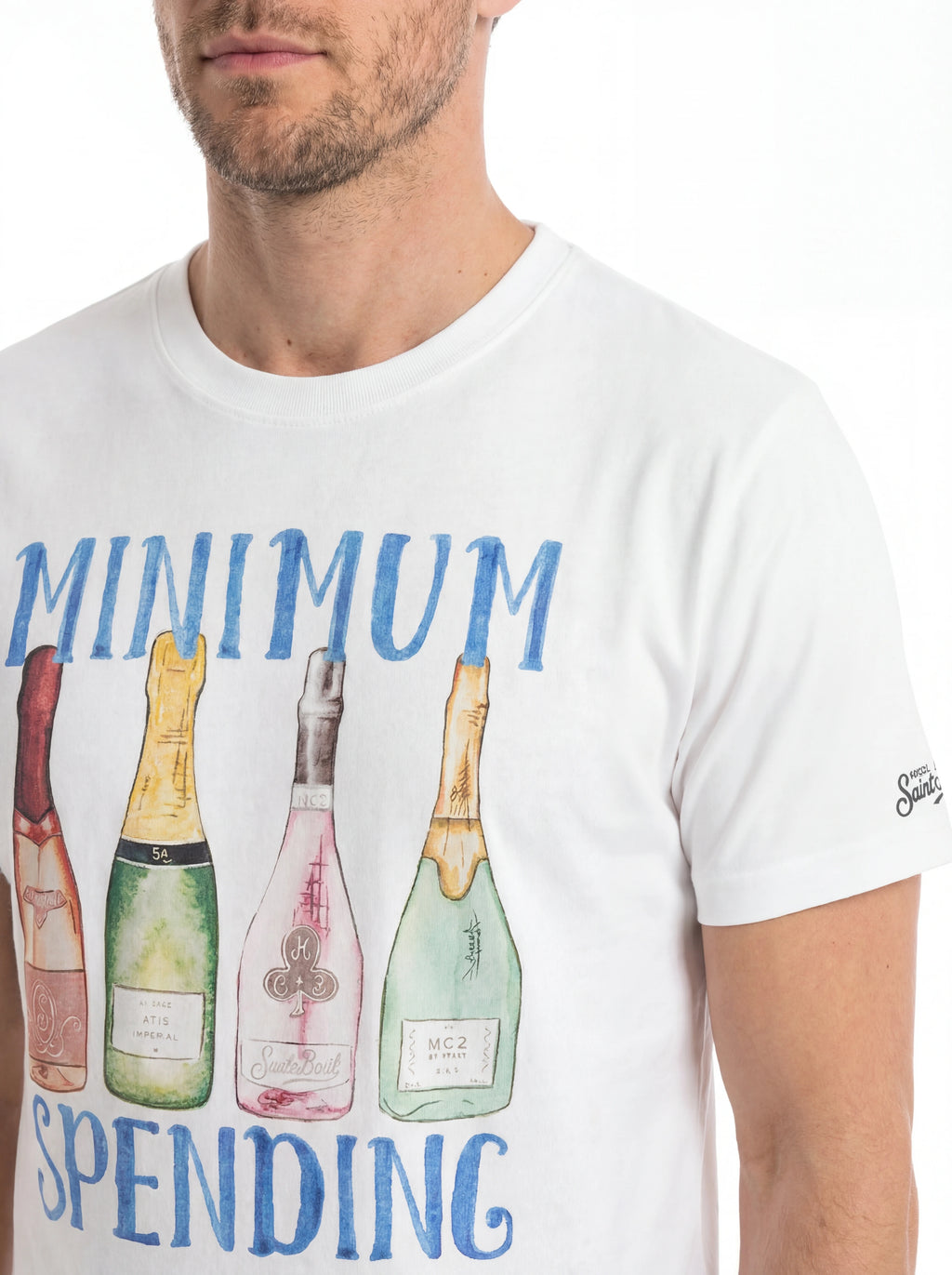 T-shirt su sfondo neutro da dietro t-shirt bianco scritta “MINI MUM” Saint Barth cotone