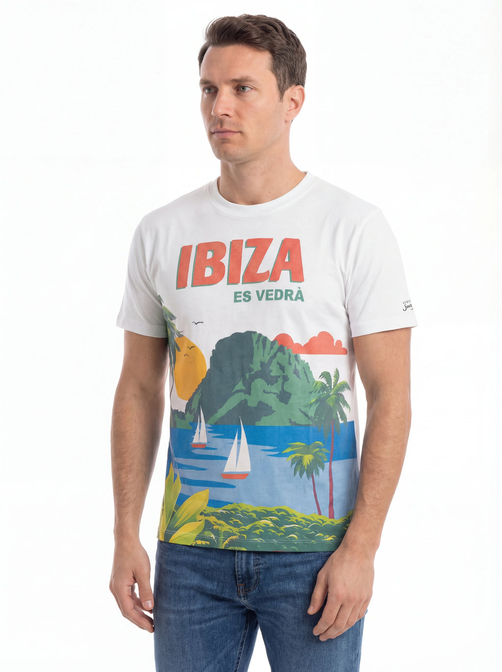 Modello a 45 gradi t-shirt bianco scritta “IBIZA ES VEDRA’” Saint Barth cotone