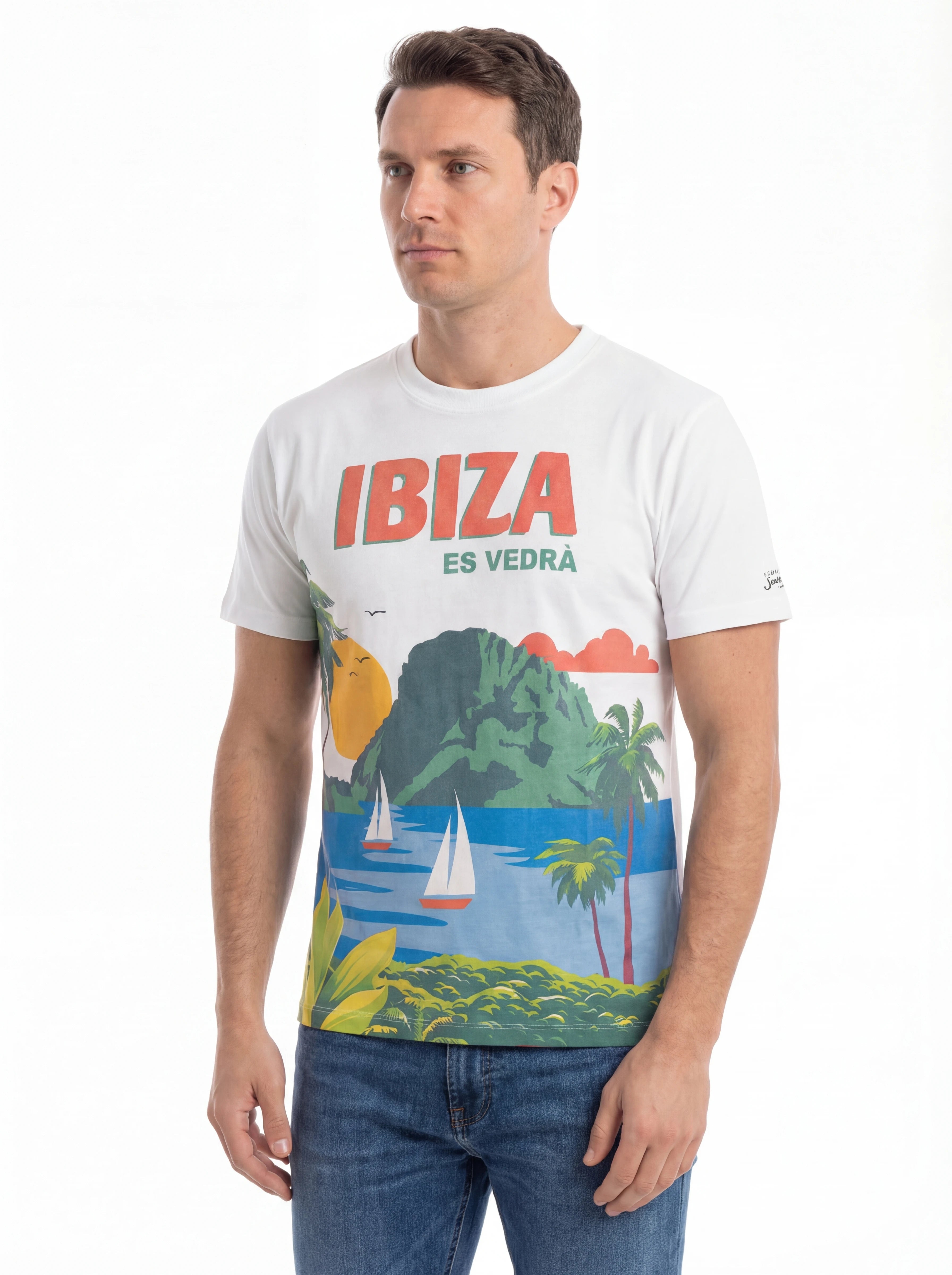 Modello a 45 gradi t-shirt bianco scritta “IBIZA ES VEDRA’” Saint Barth cotone