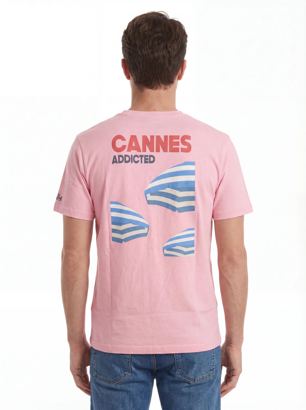 Modello a 45 gradi t-shirt rosa scritta “CANNES Addicted” Saint Barth cotone