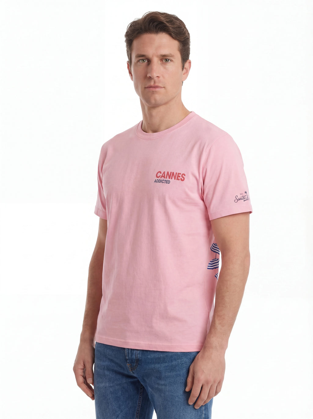 T-shirt su sfondo neutro da dietro t-shirt rosa scritta “CANNES Addicted” Saint Barth cotone