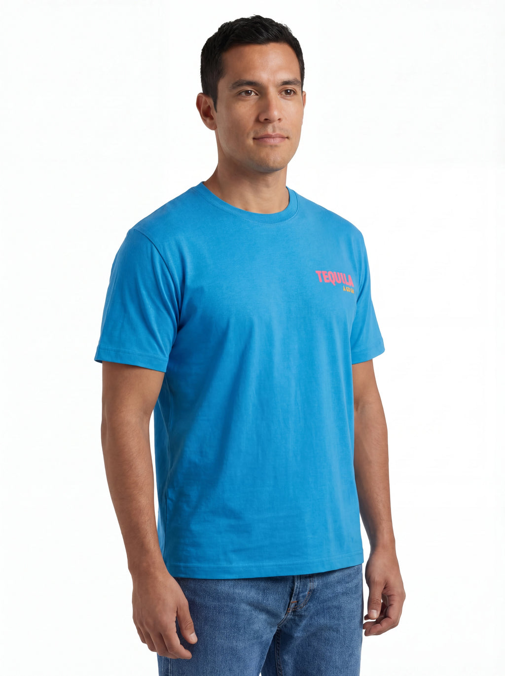 T-shirt su sfondo neutro da dietro t-shirt bluette scritta “TEQUILA a Go Go” Saint Barth cotone