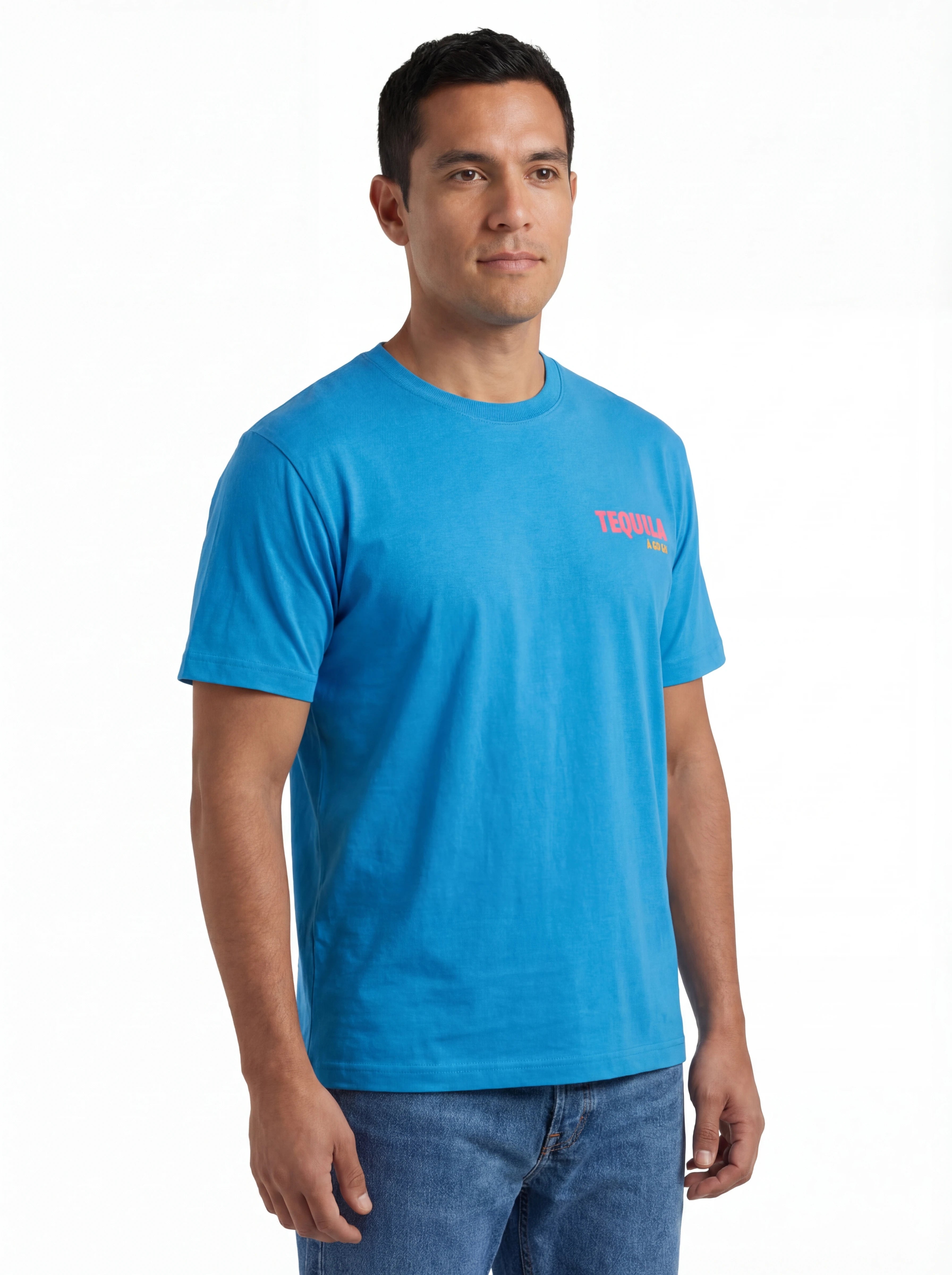 T-shirt su sfondo neutro da dietro t-shirt bluette scritta “TEQUILA a Go Go” Saint Barth cotone