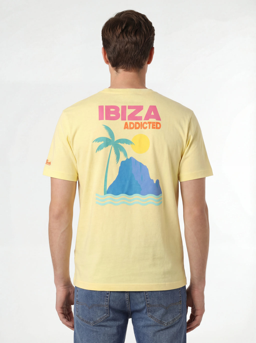 Vista da dietro t-shirt giallo scritta “IBIZA addicted” Saint Barth