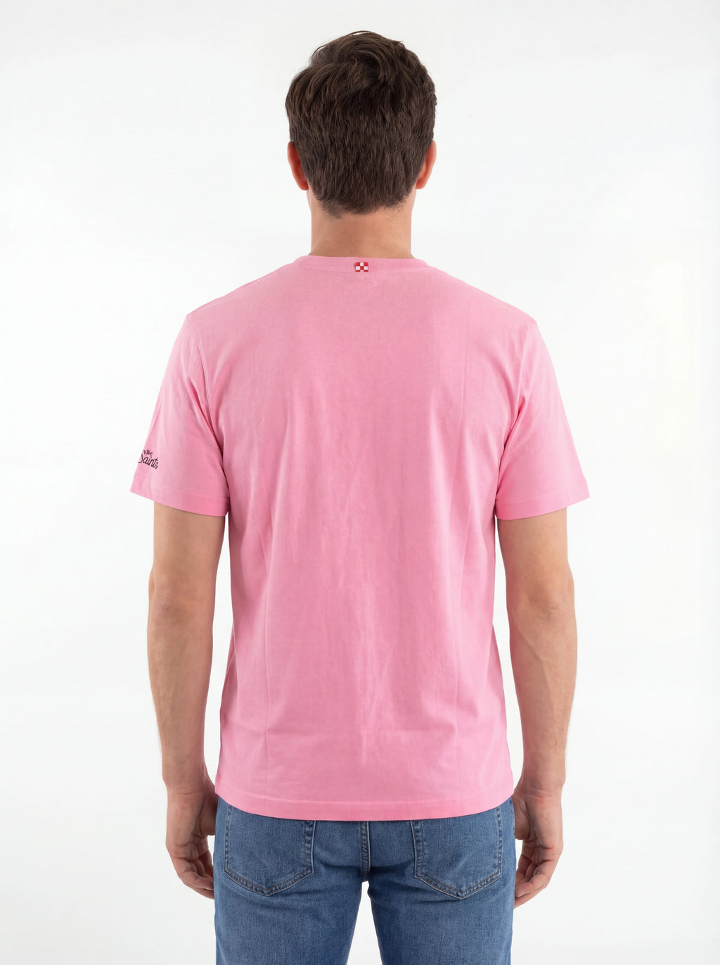 Modello a 45 gradi t-shirt fucsia scritta “Panda 4 x 4 Save You” Saint Barth cotone