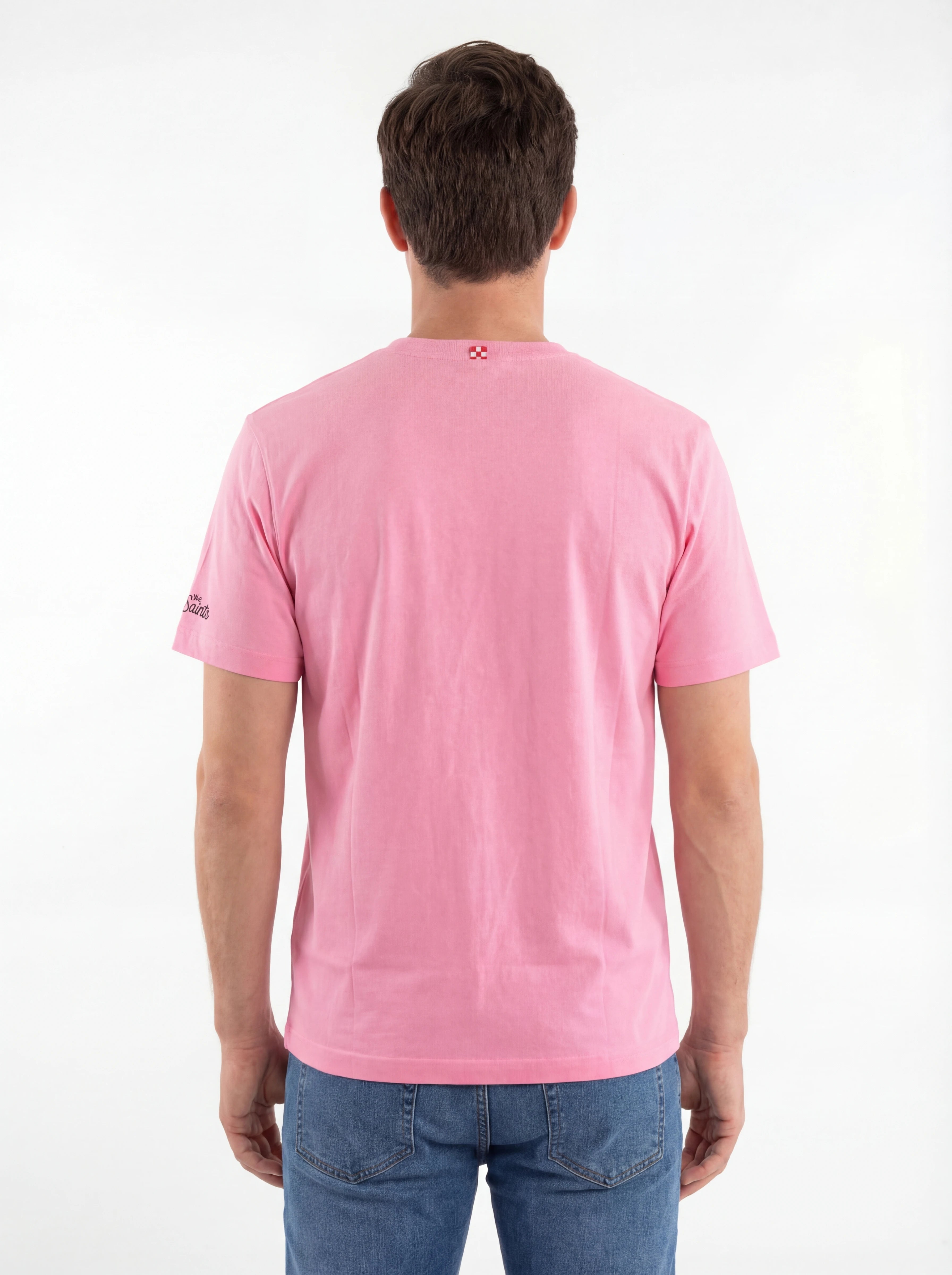 Modello a 45 gradi t-shirt fucsia scritta “Panda 4 x 4 Save You” Saint Barth cotone