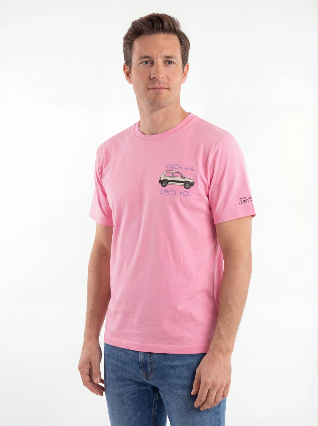 T-shirt su sfondo neutro da dietro t-shirt fucsia scritta “Panda 4 x 4 Save You” Saint Barth cotone