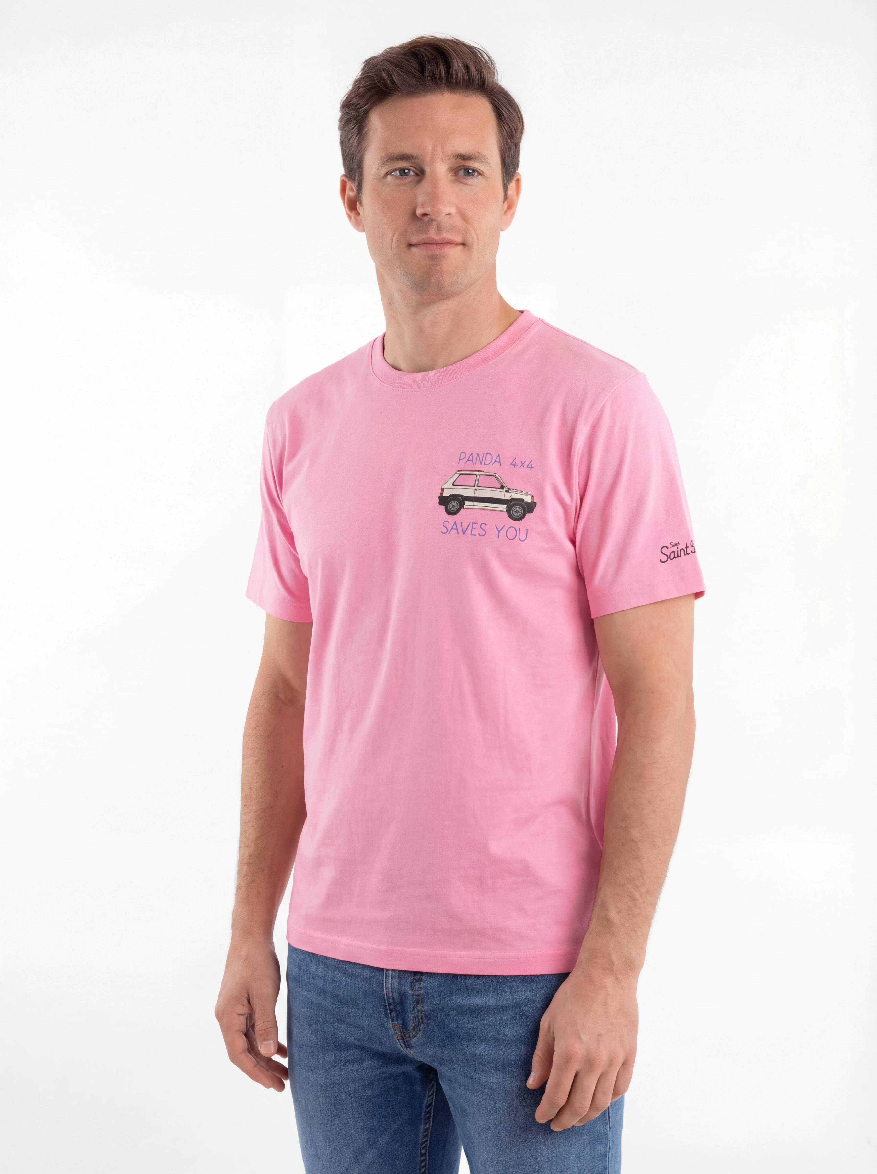 T-shirt su sfondo neutro da dietro t-shirt fucsia scritta “Panda 4 x 4 Save You” Saint Barth cotone