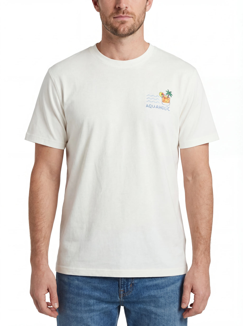 Close-up dettagli t-shirt burro scritta “AQUAHOLIC” Saint Barth cotone