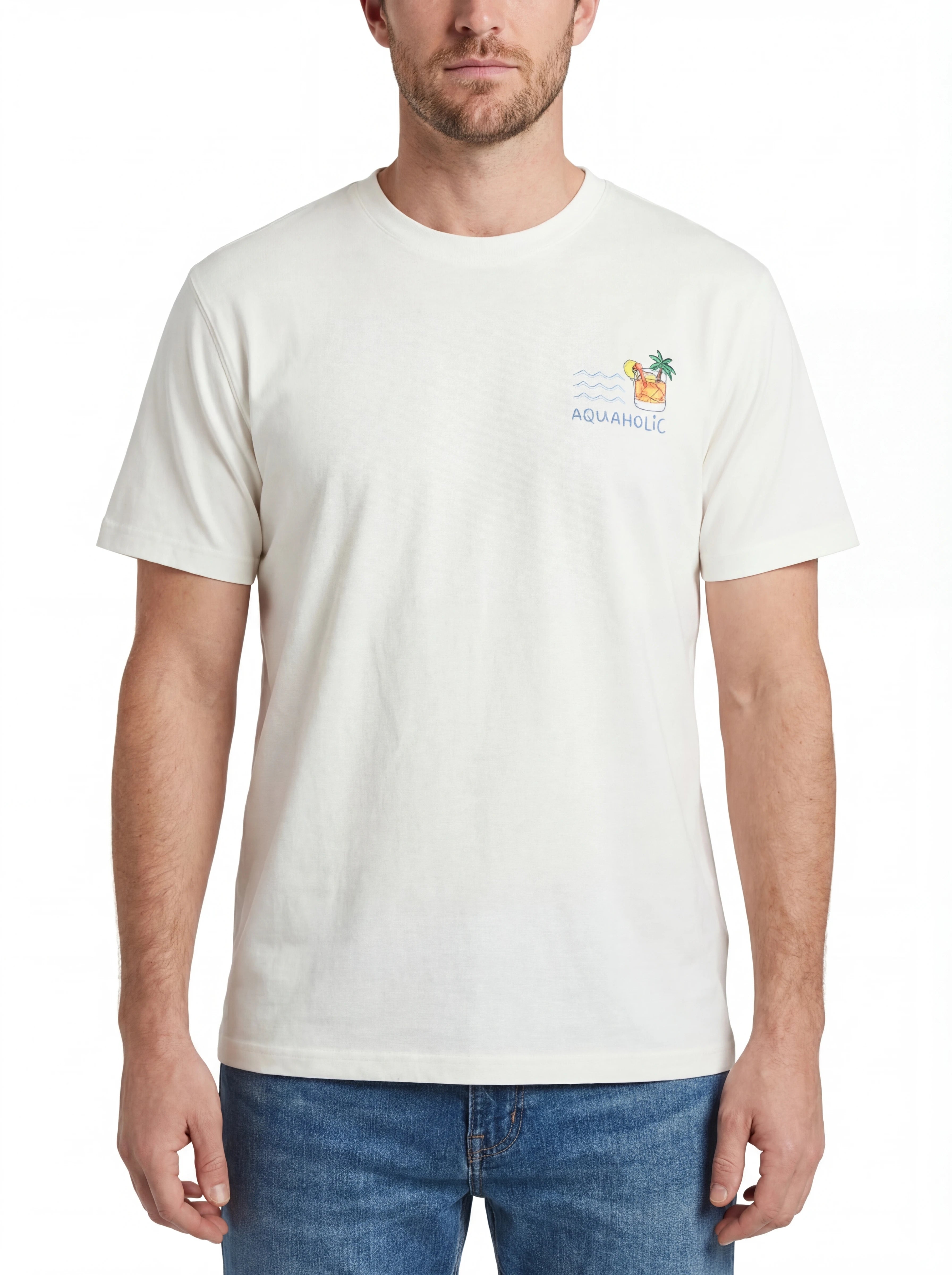 Close-up dettagli t-shirt burro scritta “AQUAHOLIC” Saint Barth cotone