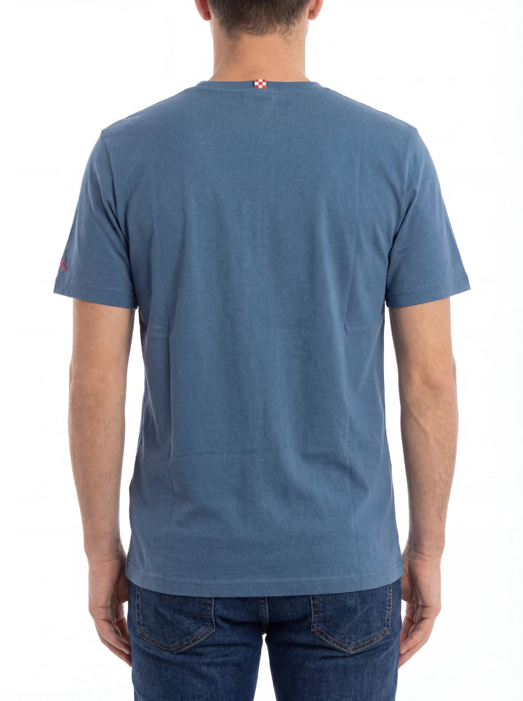 Vista da dietro t-shirt blu scritta “DOMANI SMETTO” Saint Barth cotone