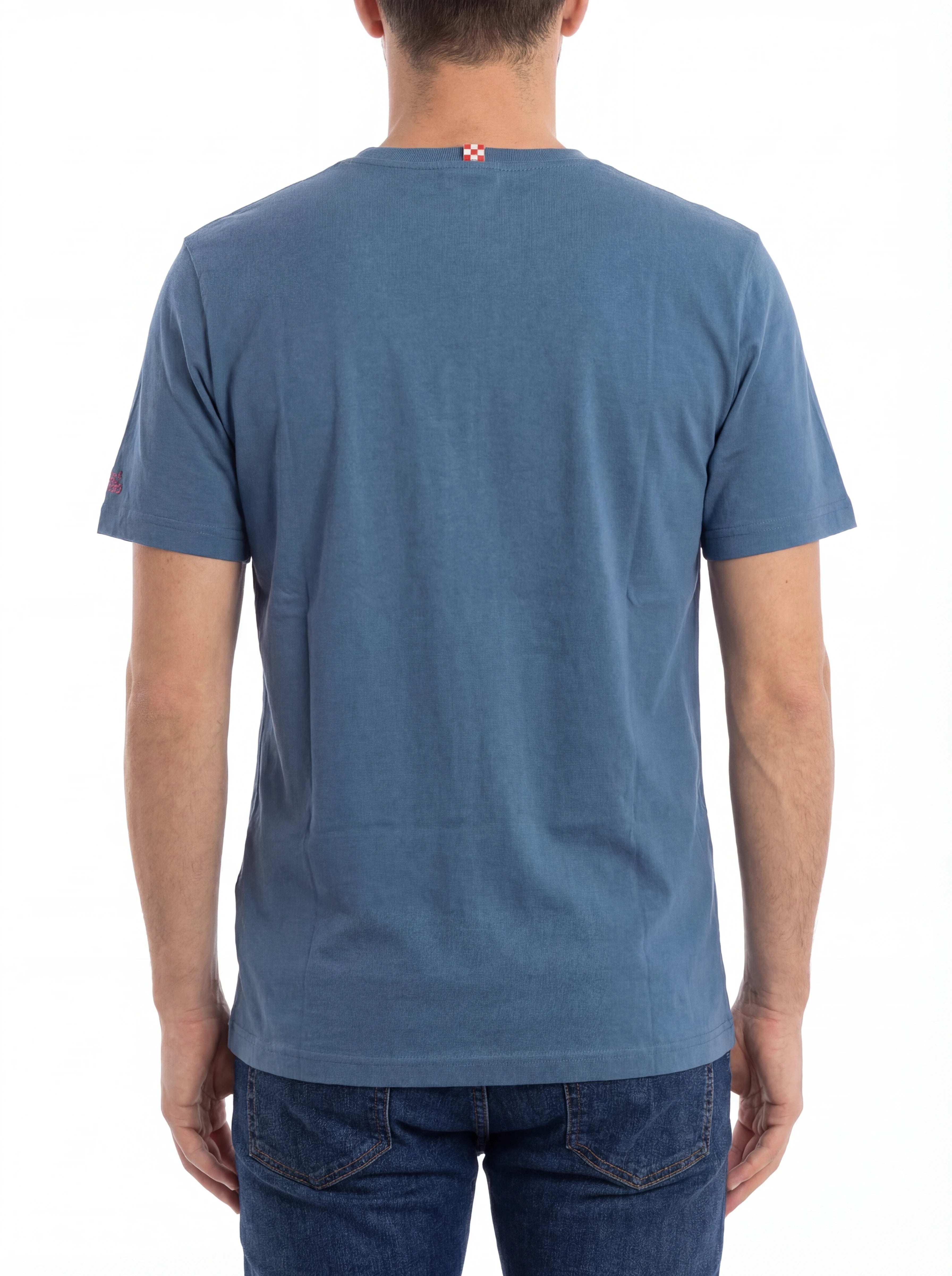 Vista da dietro t-shirt blu scritta “DOMANI SMETTO” Saint Barth cotone