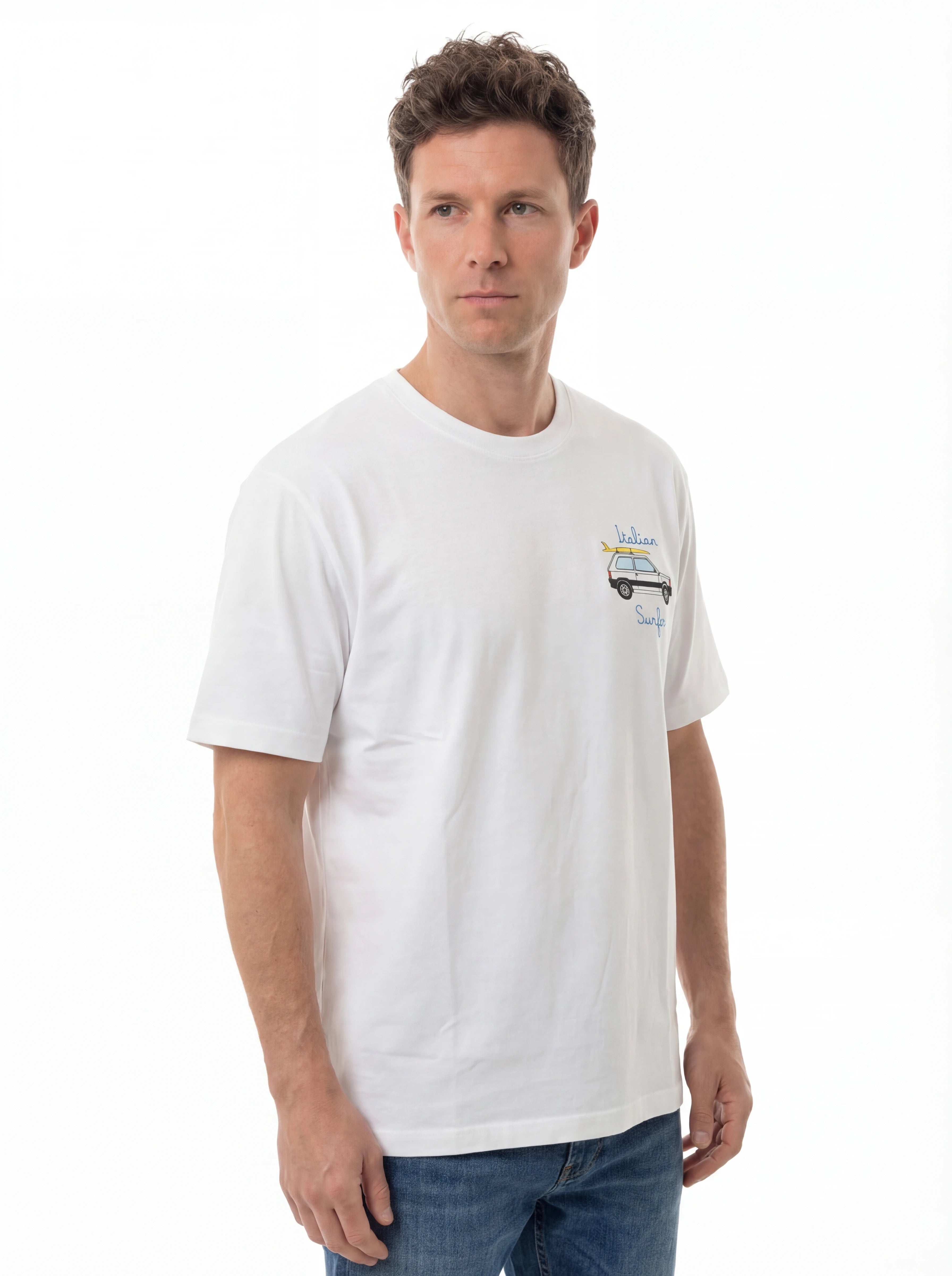 Vista da dietro t-shirt bianco scritta “ITALIAN SURFER” Saint Barth cotone