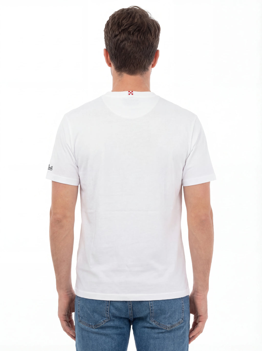 Modello a 45 gradi t-shirt bianco scritta “St Barth Golden Hour” Saint Barth cotone