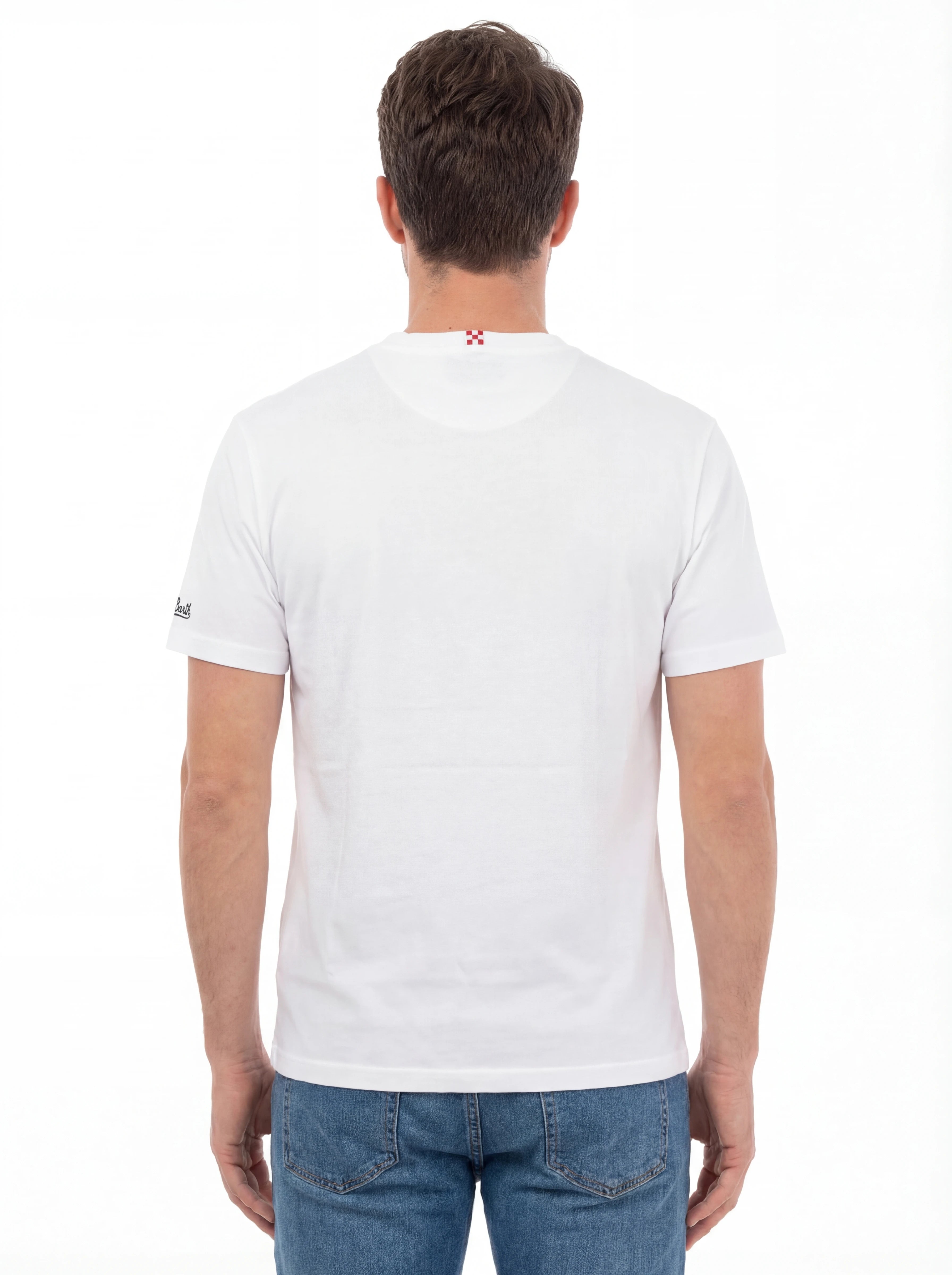 Modello a 45 gradi t-shirt bianco scritta “St Barth Golden Hour” Saint Barth cotone