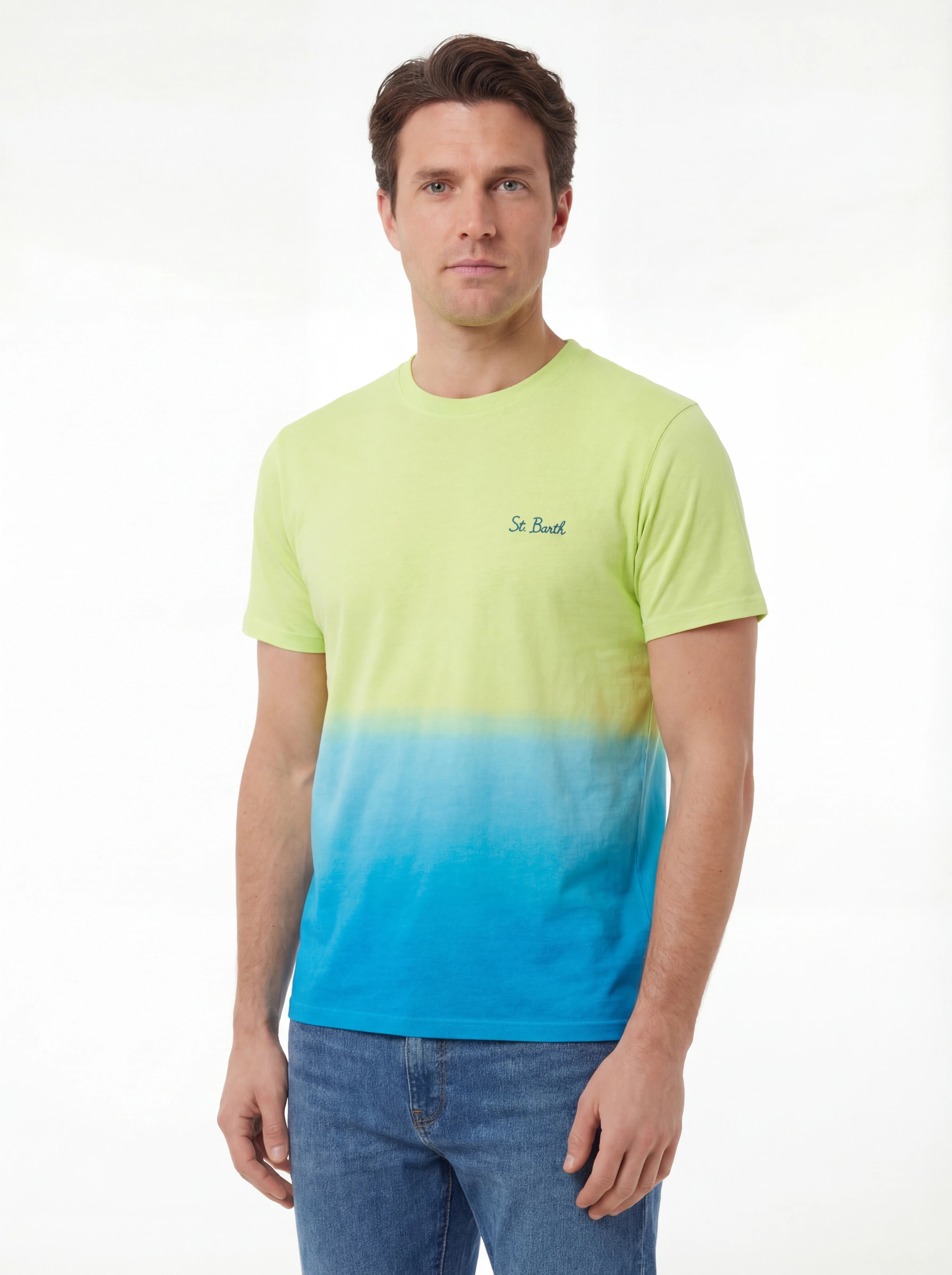 Vista da dietro t-shirt giallo scritta “St.Barth” Saint Barth cotone