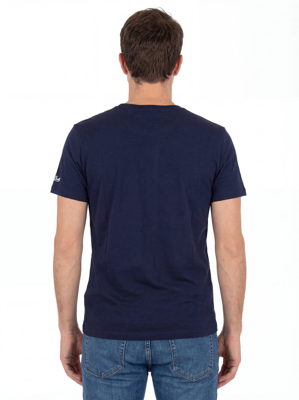 Modello a 45 gradi t-shirt blu scritta “St.Barth Topless Frien” Saint Barth cotone