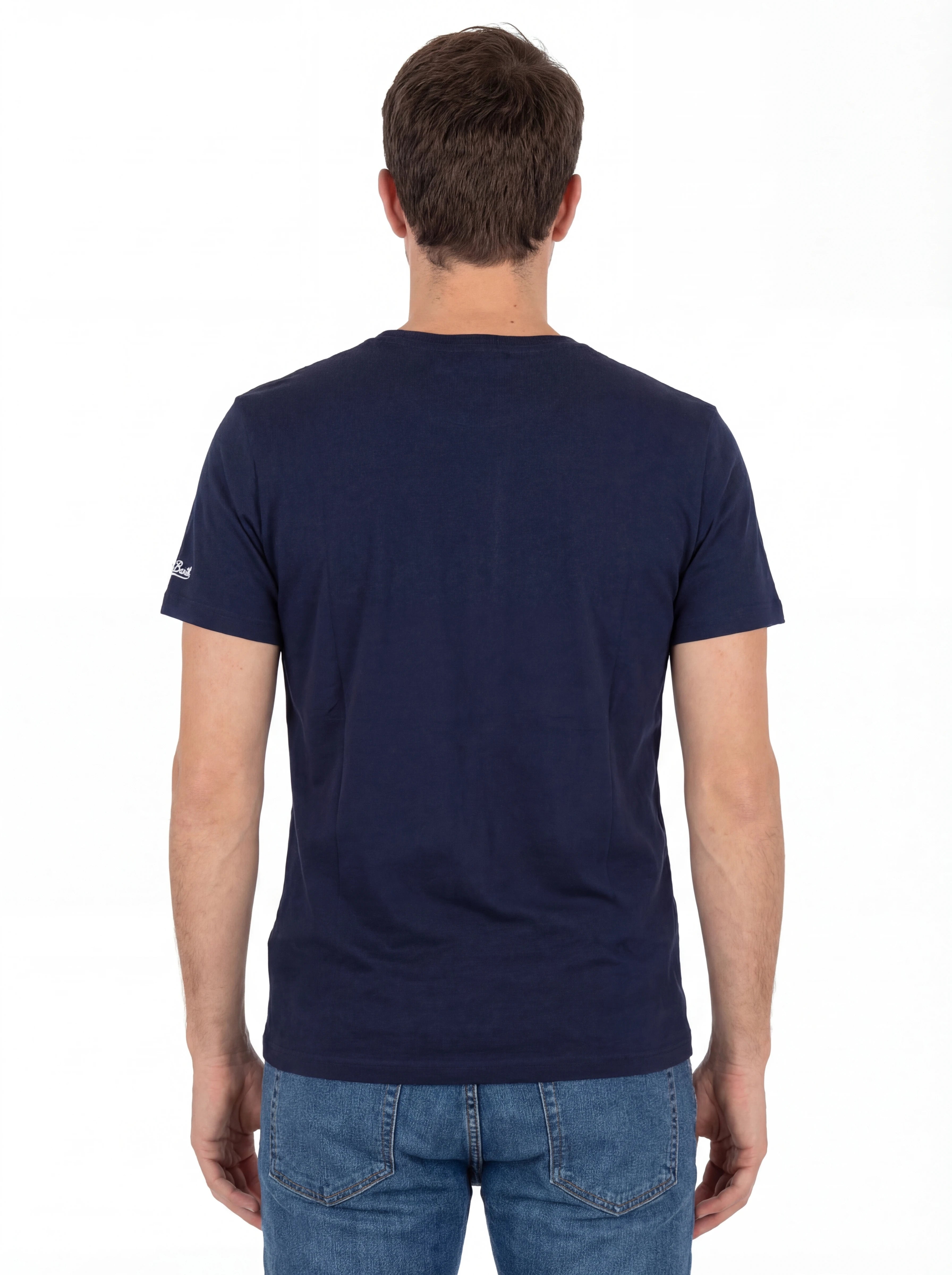 Modello a 45 gradi t-shirt blu scritta “St.Barth Topless Frien” Saint Barth cotone