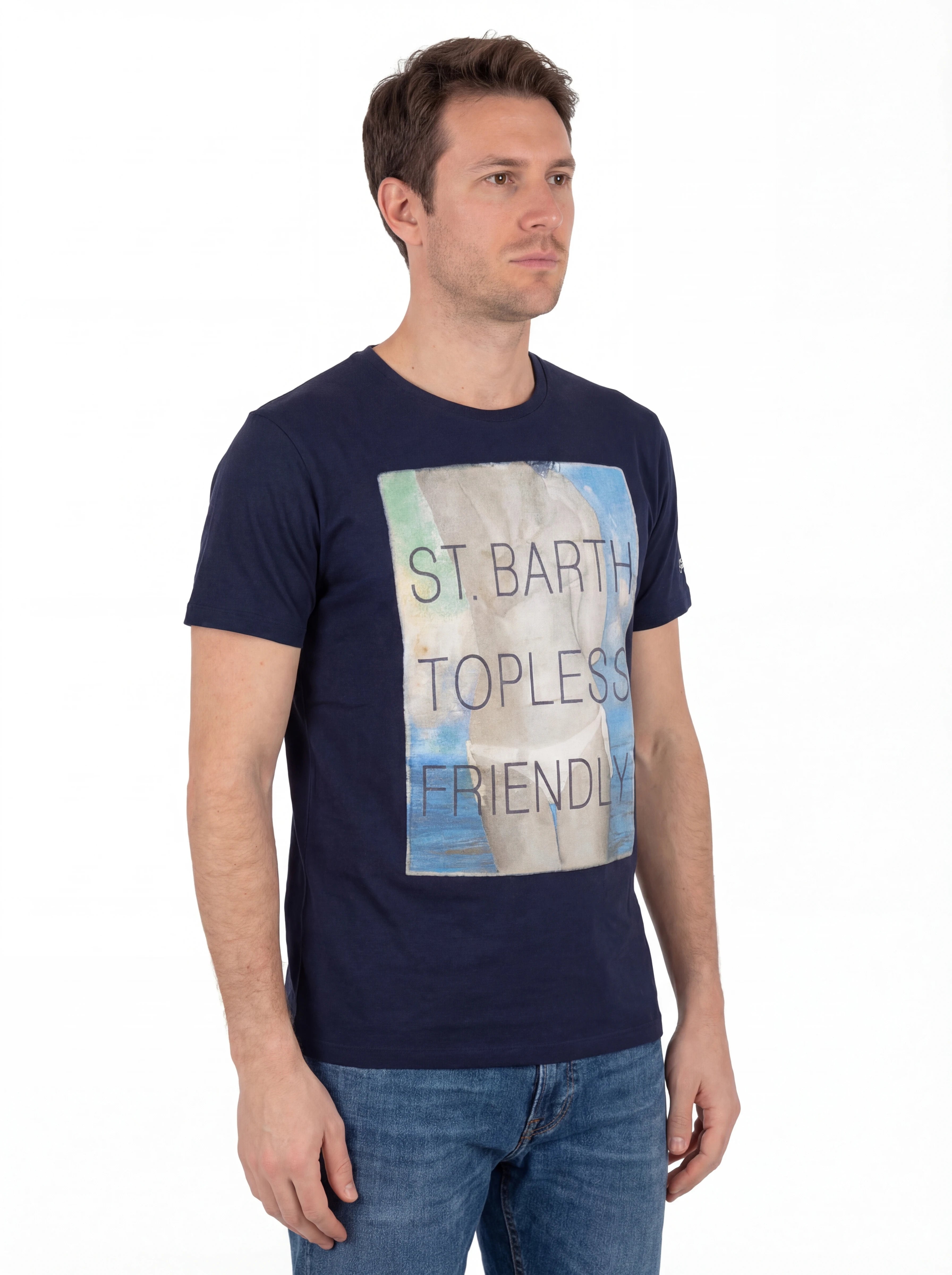 Vista da dietro t-shirt blu scritta “St.Barth Topless Frien” Saint Barth cotone