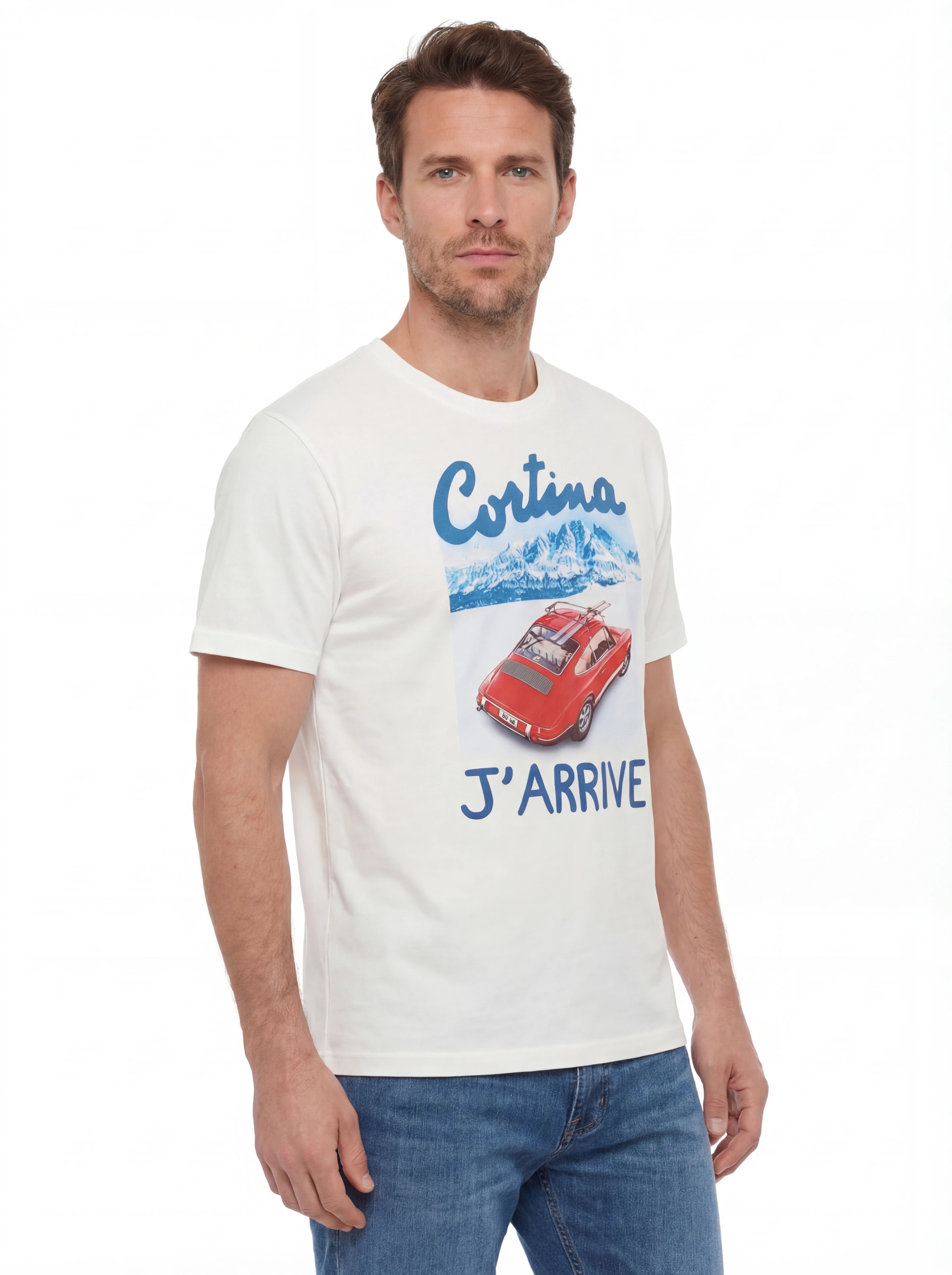 Vista da dietro t-shirt bianco scritta “CORTINA J’ARRIVE” Saint Barth cotone