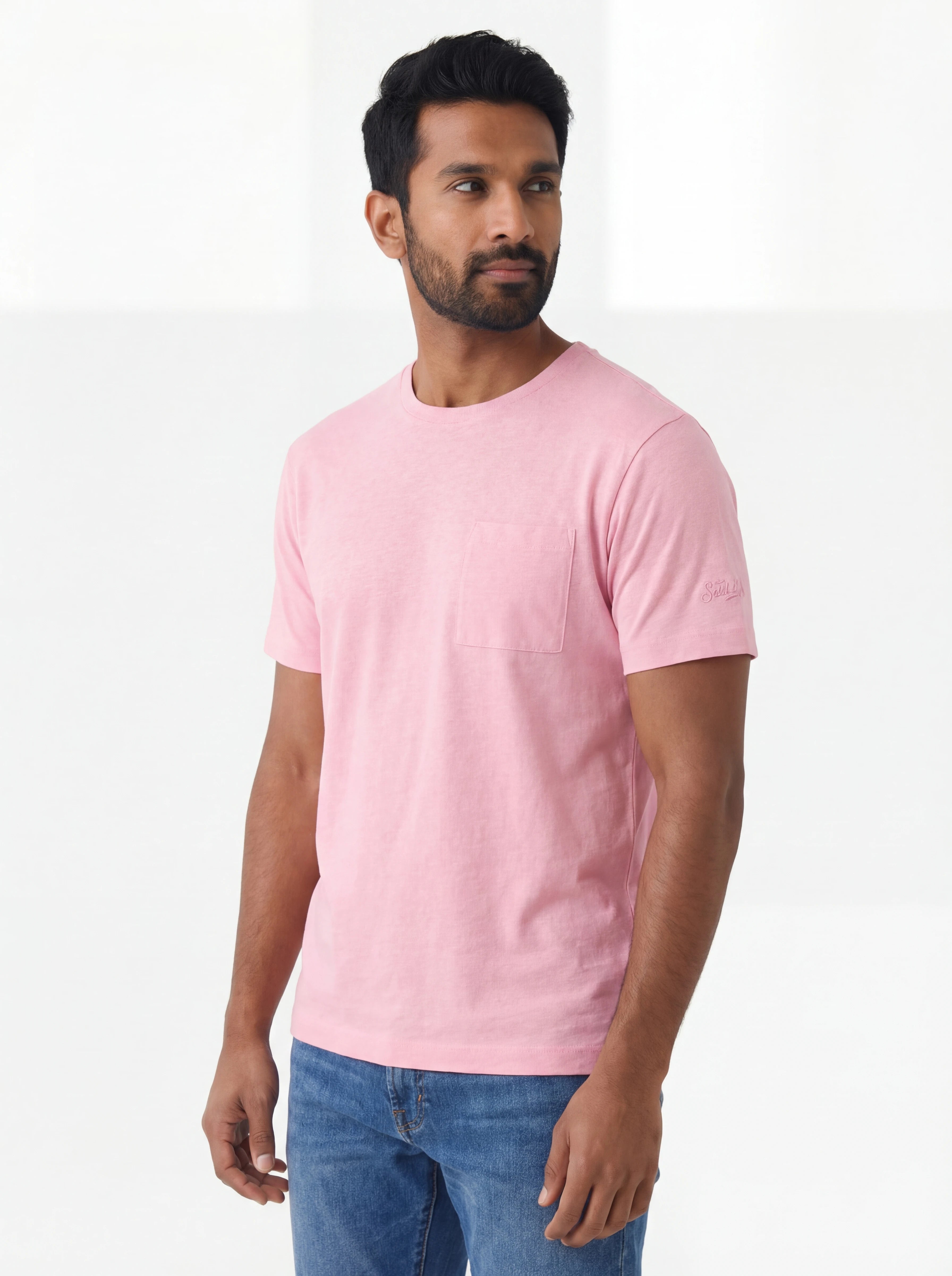 Vista da dietro t-shirt rosa texture lino Saint Barth lino Ecstasea
