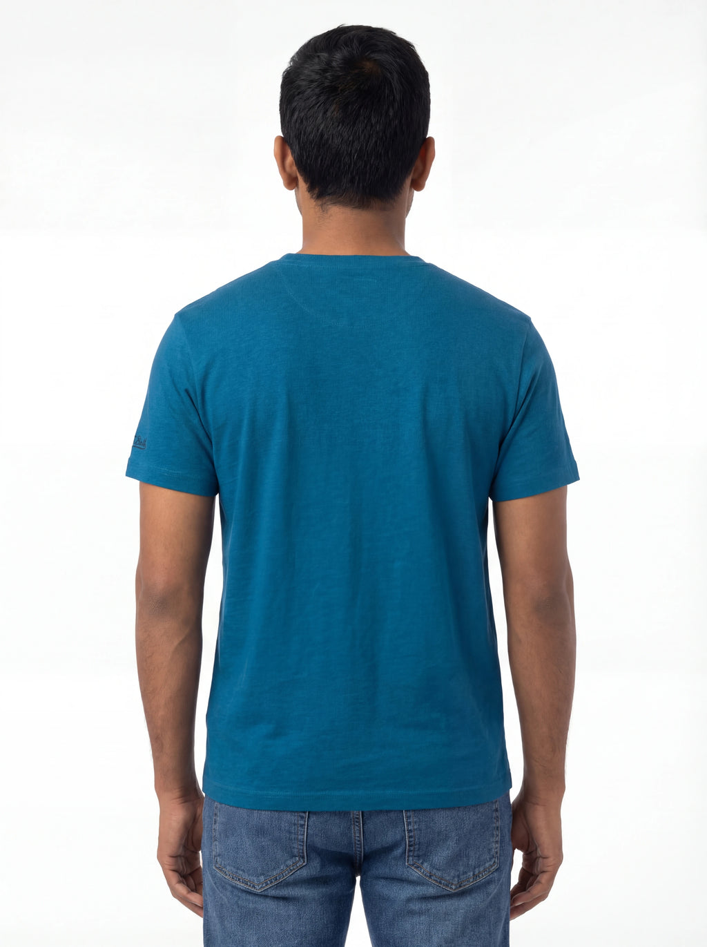 Modello a 45 gradi t-shirt blu texture lino Saint Barth lino