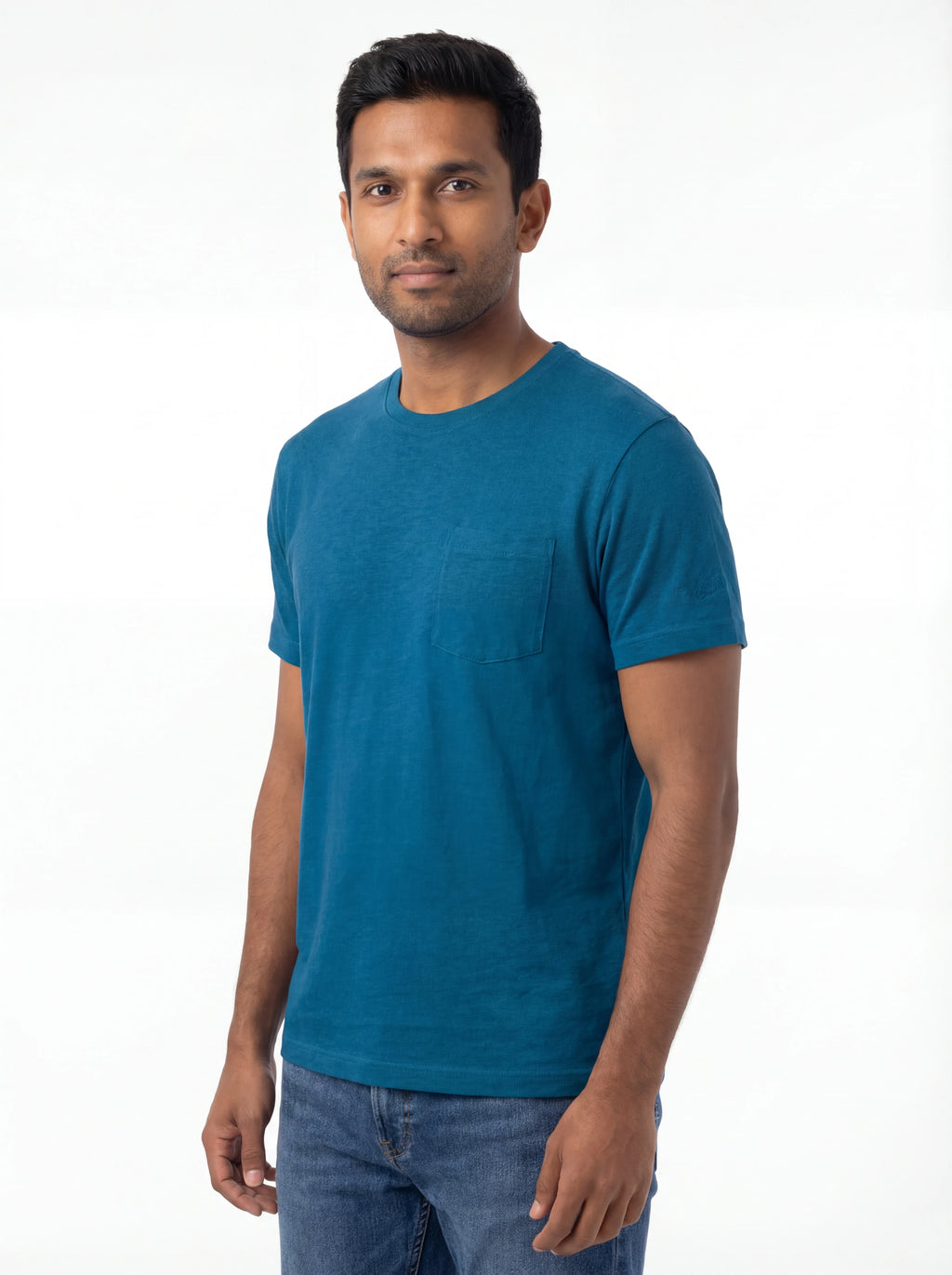 Vista da dietro t-shirt blu texture lino Saint Barth lino Ecstasea